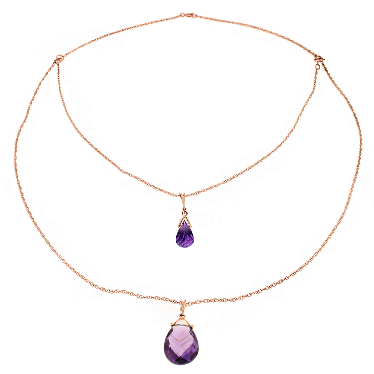 14K Solid Rose Gold Front And Back Drop Necklace with Briolette Amethysts