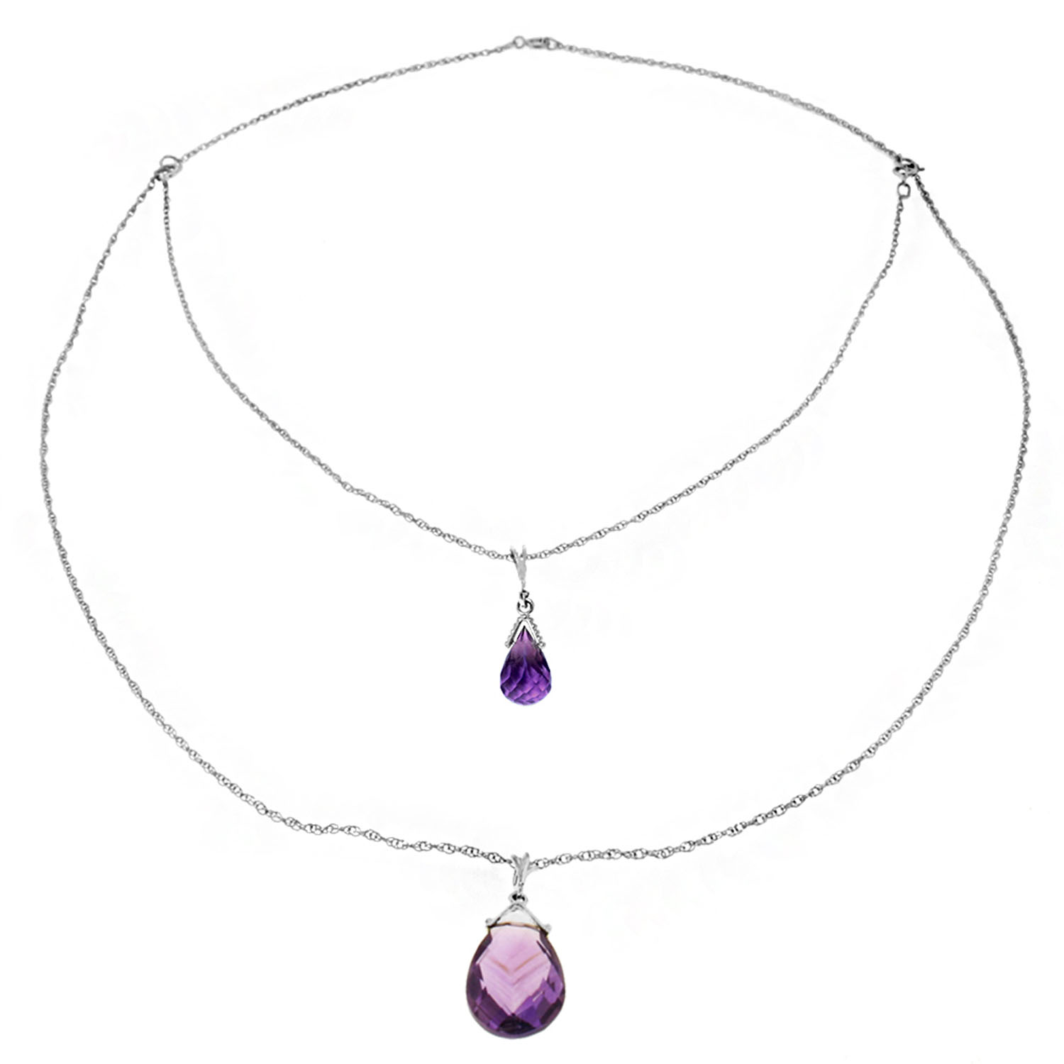 14K Solid White Gold Front And Back Drop Necklace with Briolette Amethysts