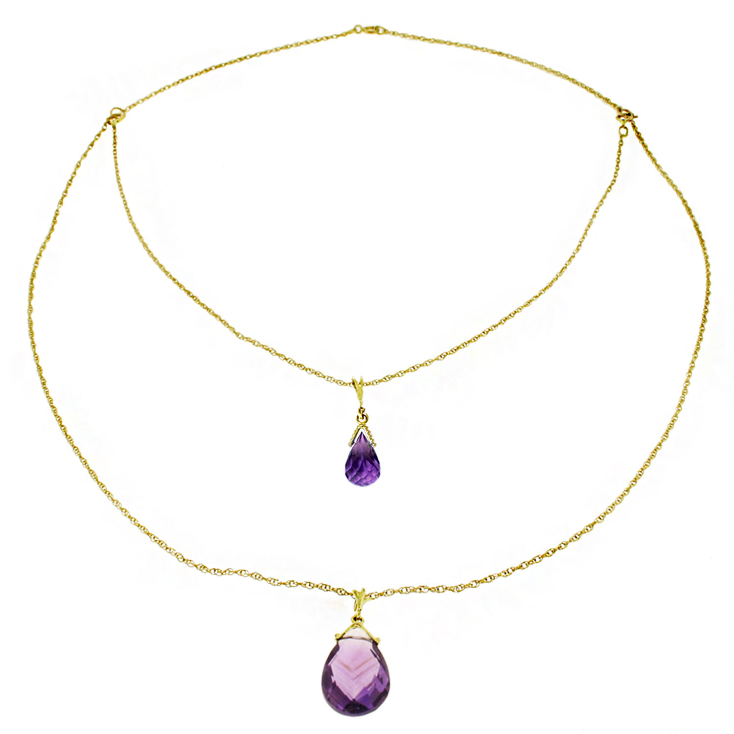 14K Solid Gold Front And Back Drop Necklace with Briolette Amethysts