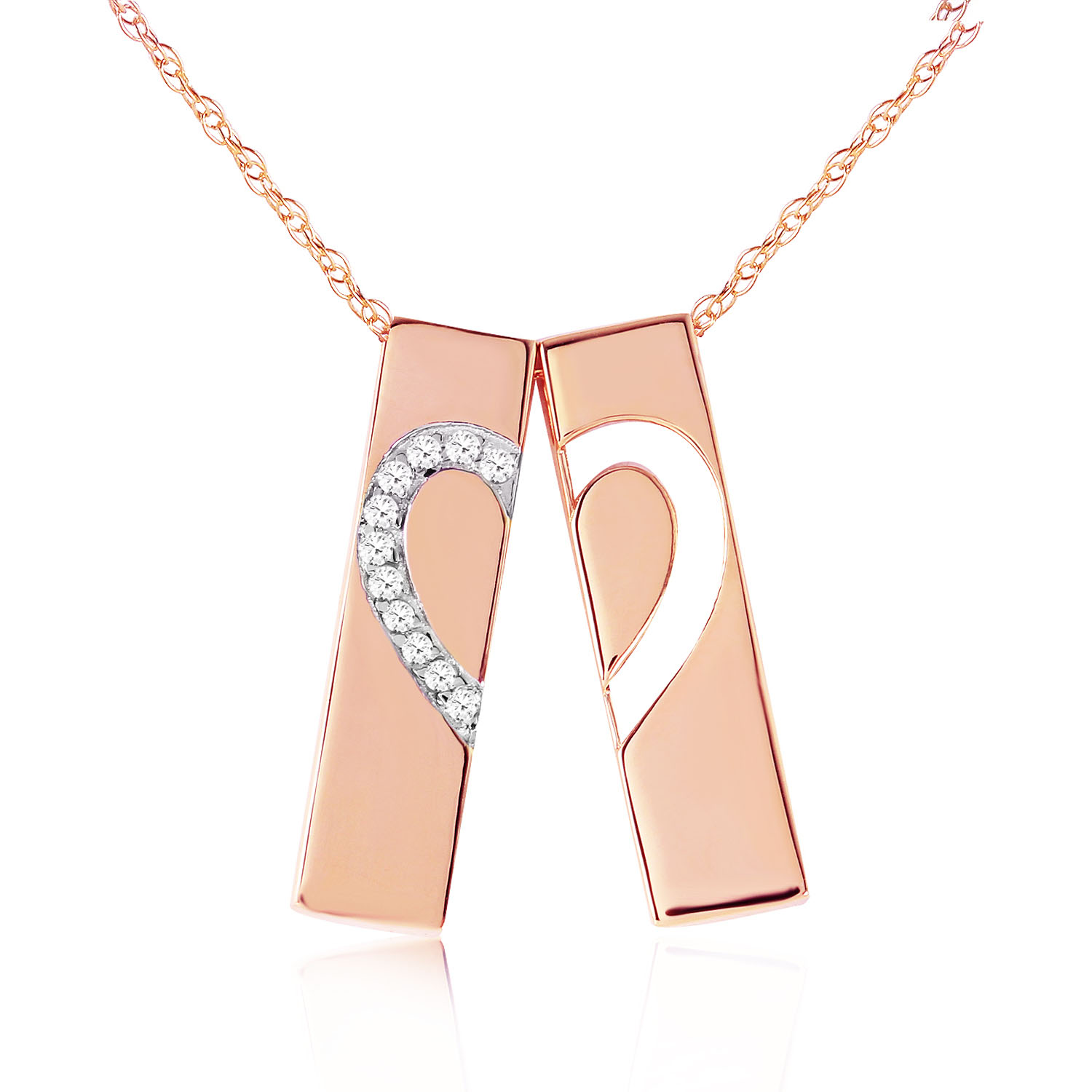 14K Solid Rose Gold Split Heart Necklace with Natural Diamonds