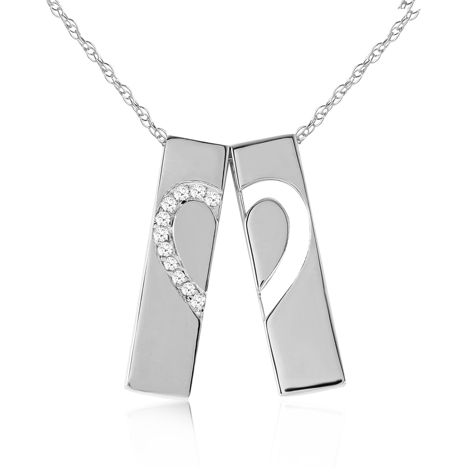 14K Solid White Gold Split Heart Necklace with Natural Diamonds
