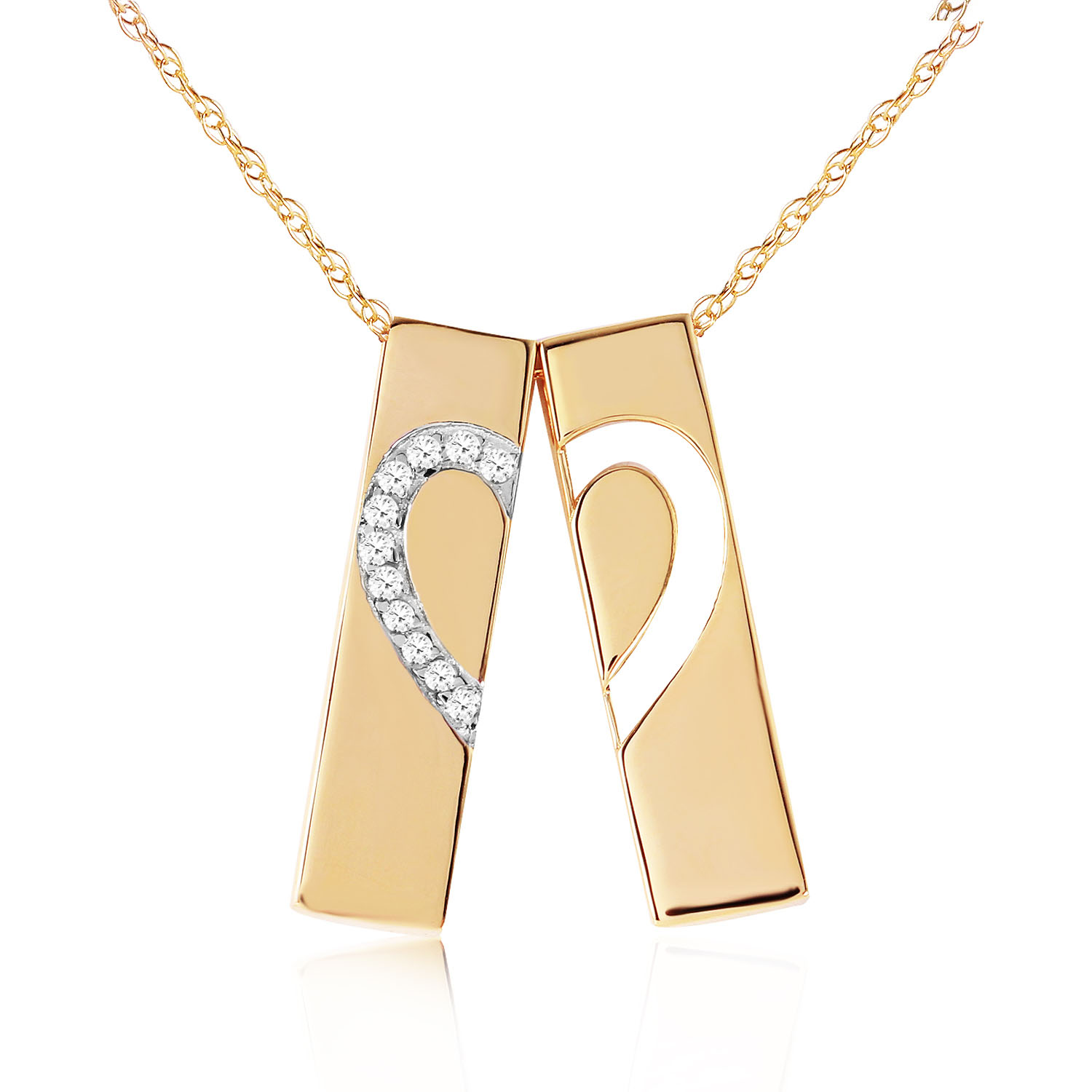 14K Solid Gold Split Heart Necklace with Natural Diamonds