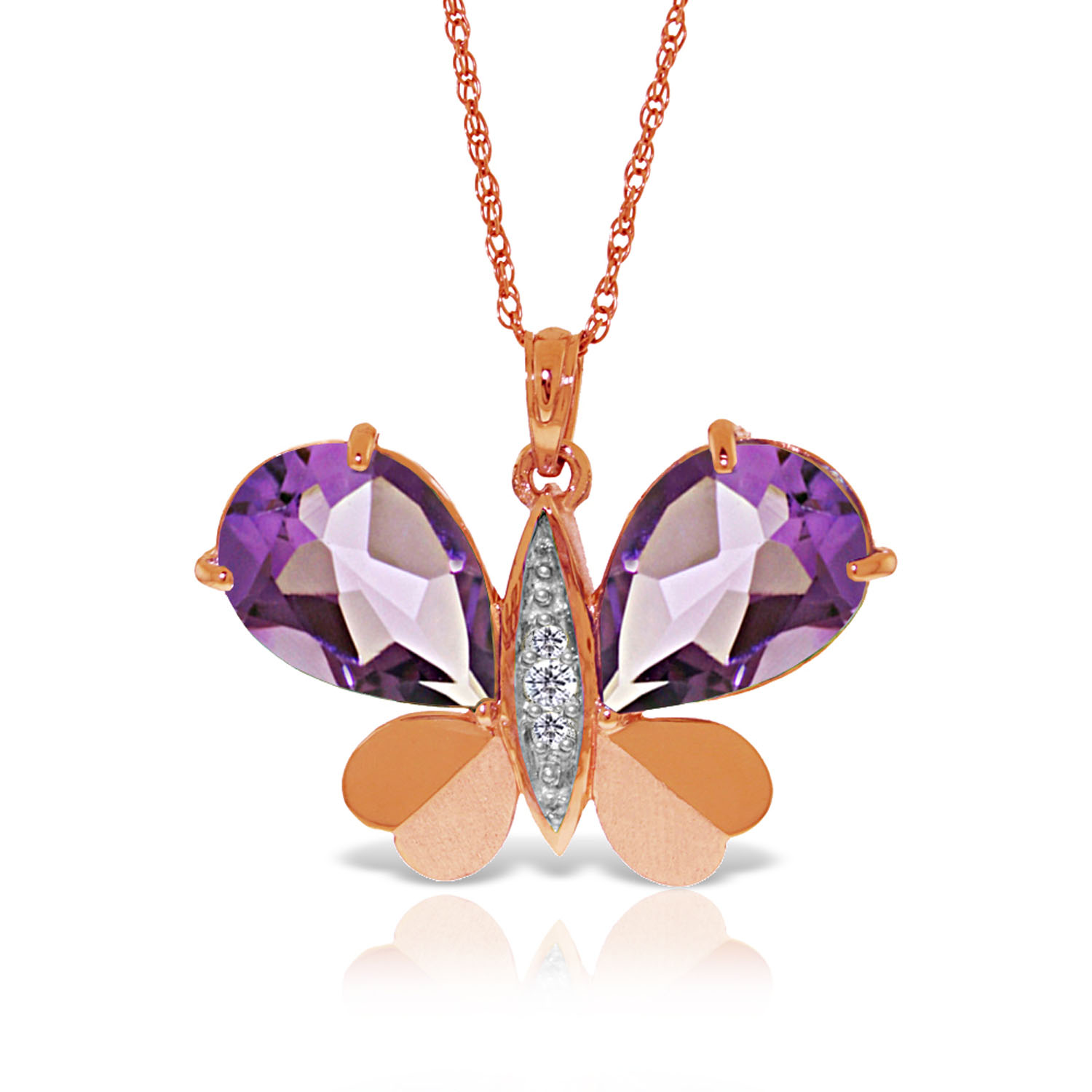 14K Solid Rose Gold Batterfly Necklace with Natural Diamonds  Amethysts