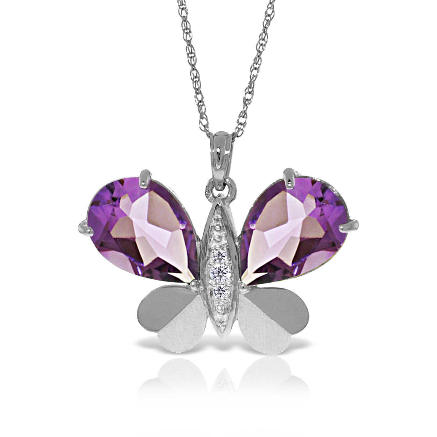 14K Solid White Gold Batterfly Necklace with Natural Diamonds  Amethysts