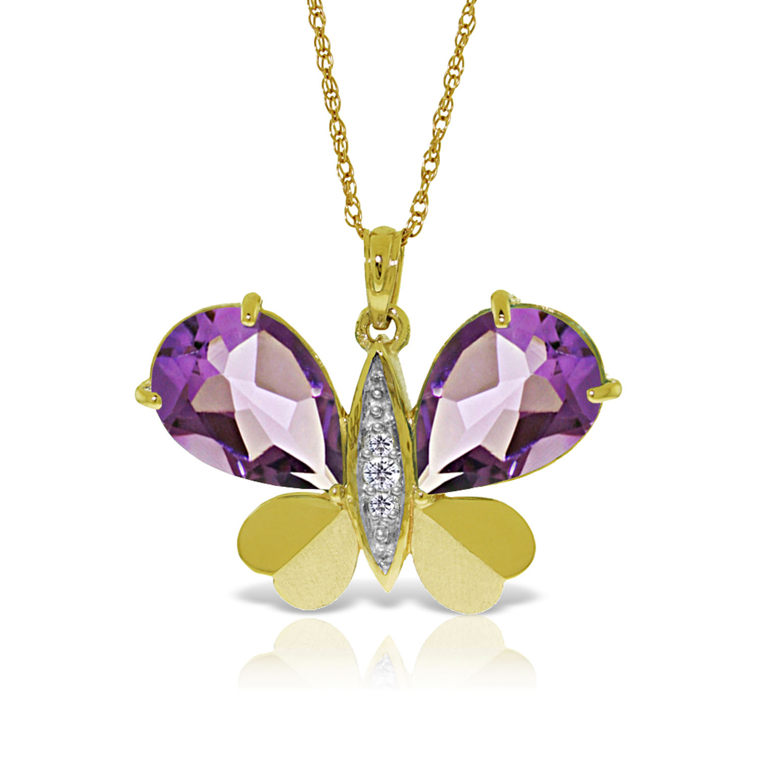 14K Solid Gold Batterfly Necklace with Natural Diamonds  Amethysts