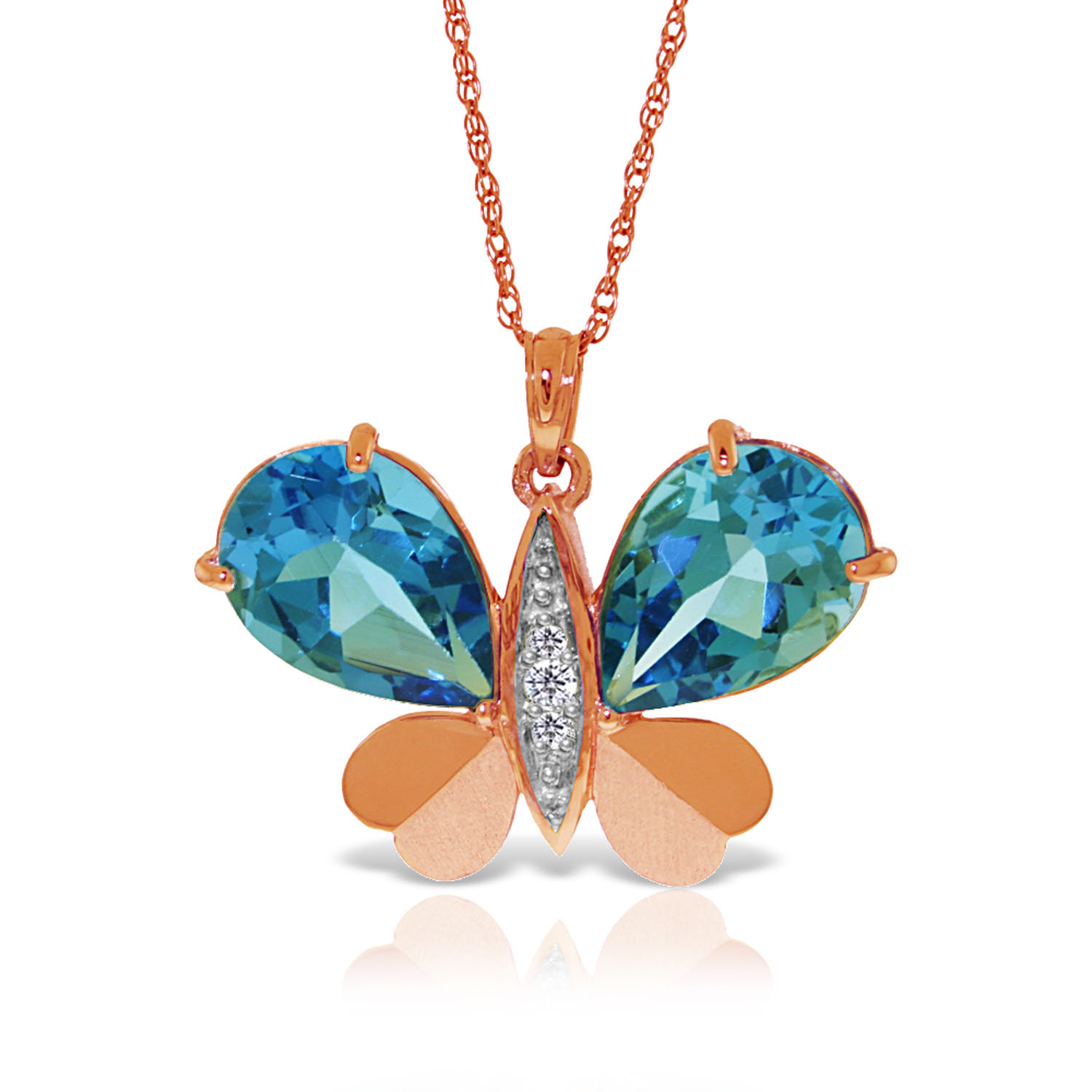 14K Solid Rose Gold Batterfly Necklace with Natural Diamonds  Blue Topaz