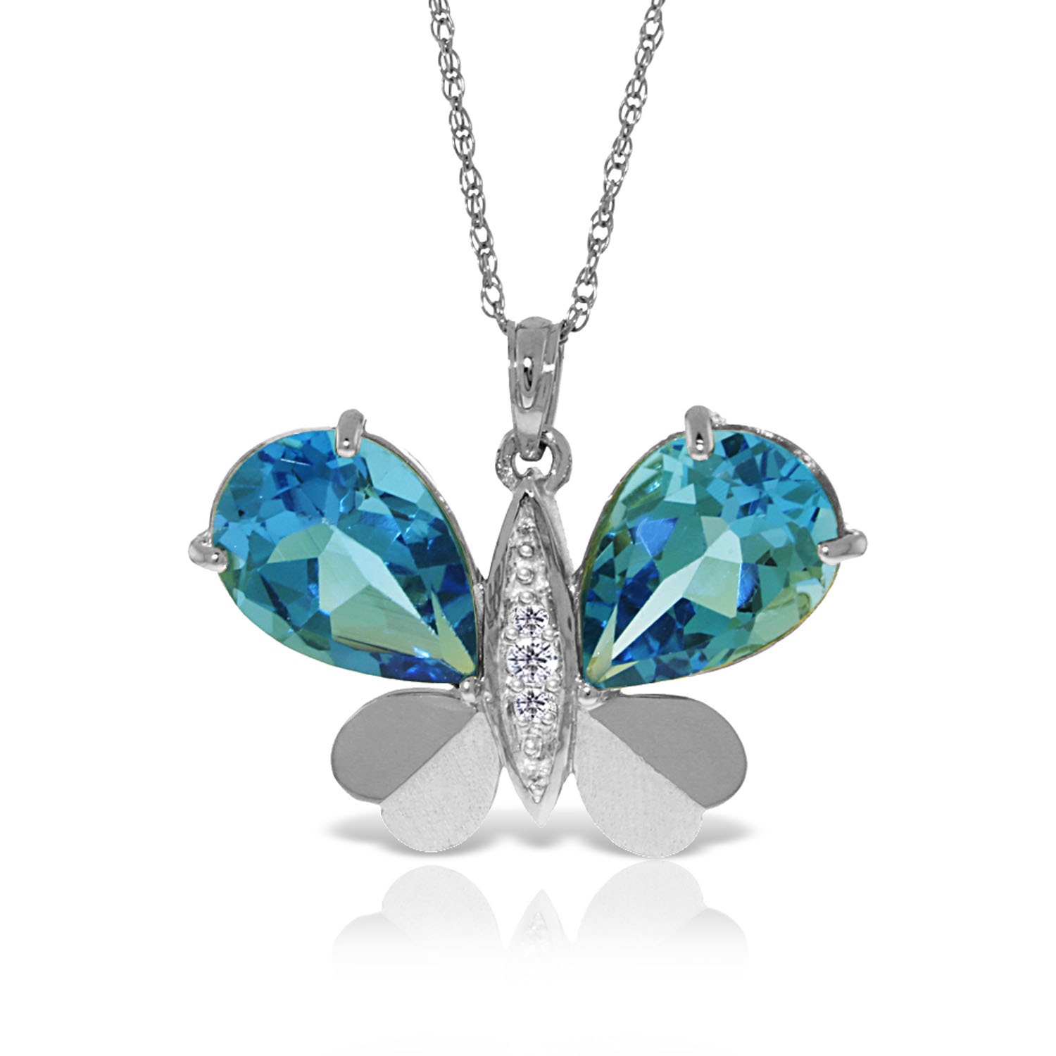 14K Solid White Gold Batterfly Necklace with Natural Diamonds  Blue Topaz