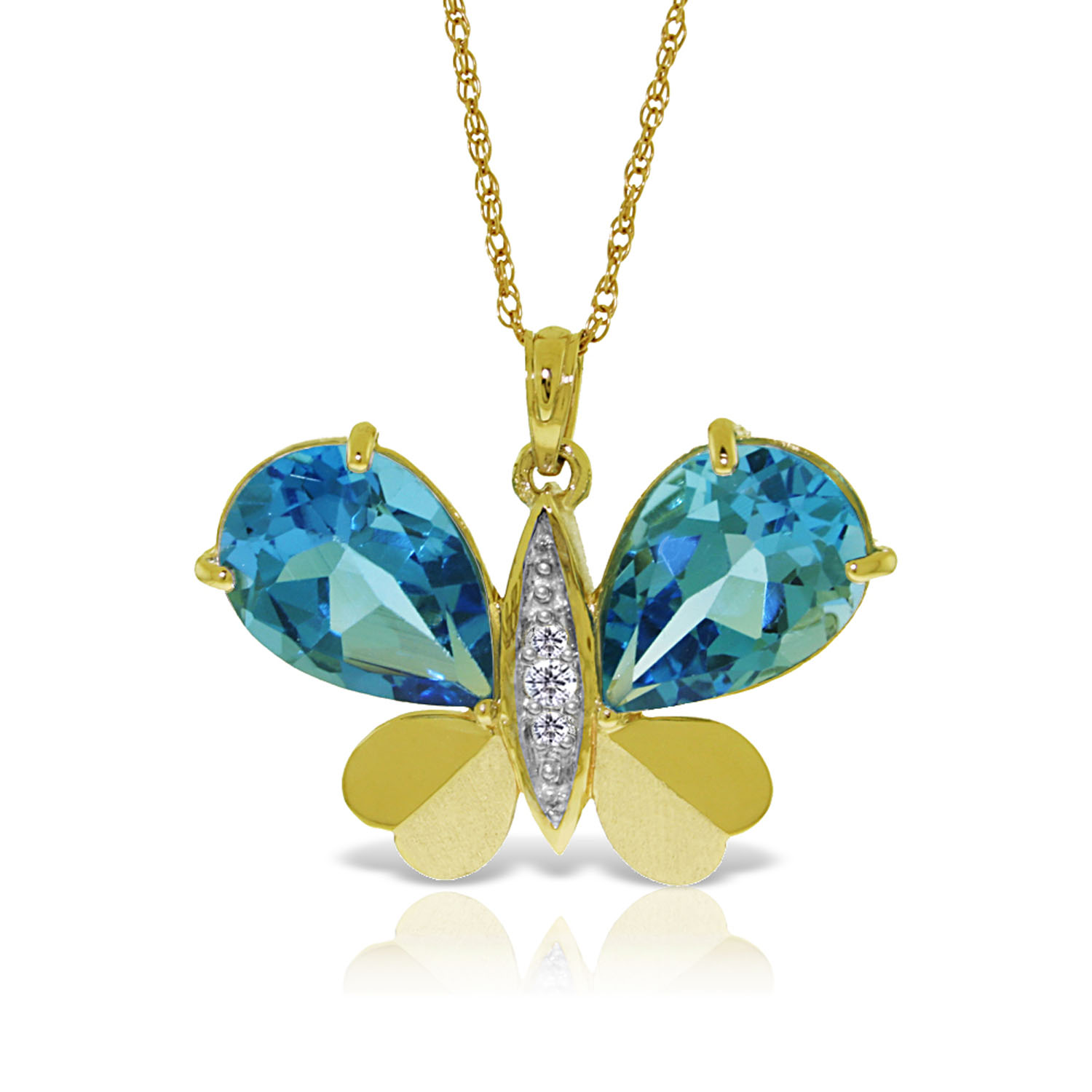 14K Solid Gold Batterfly Necklace with Natural Diamonds Blue Topaz