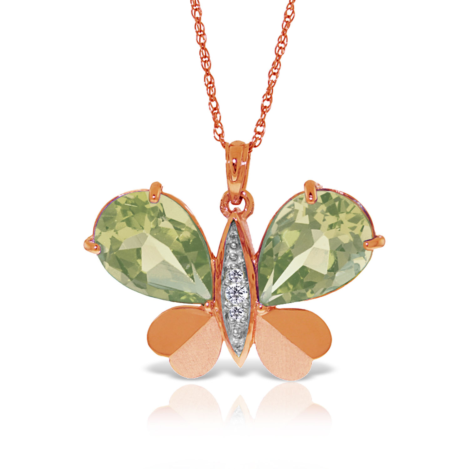 14K Solid Rose Gold Batterfly Necklace with Natural Diamonds  Green Amethysts