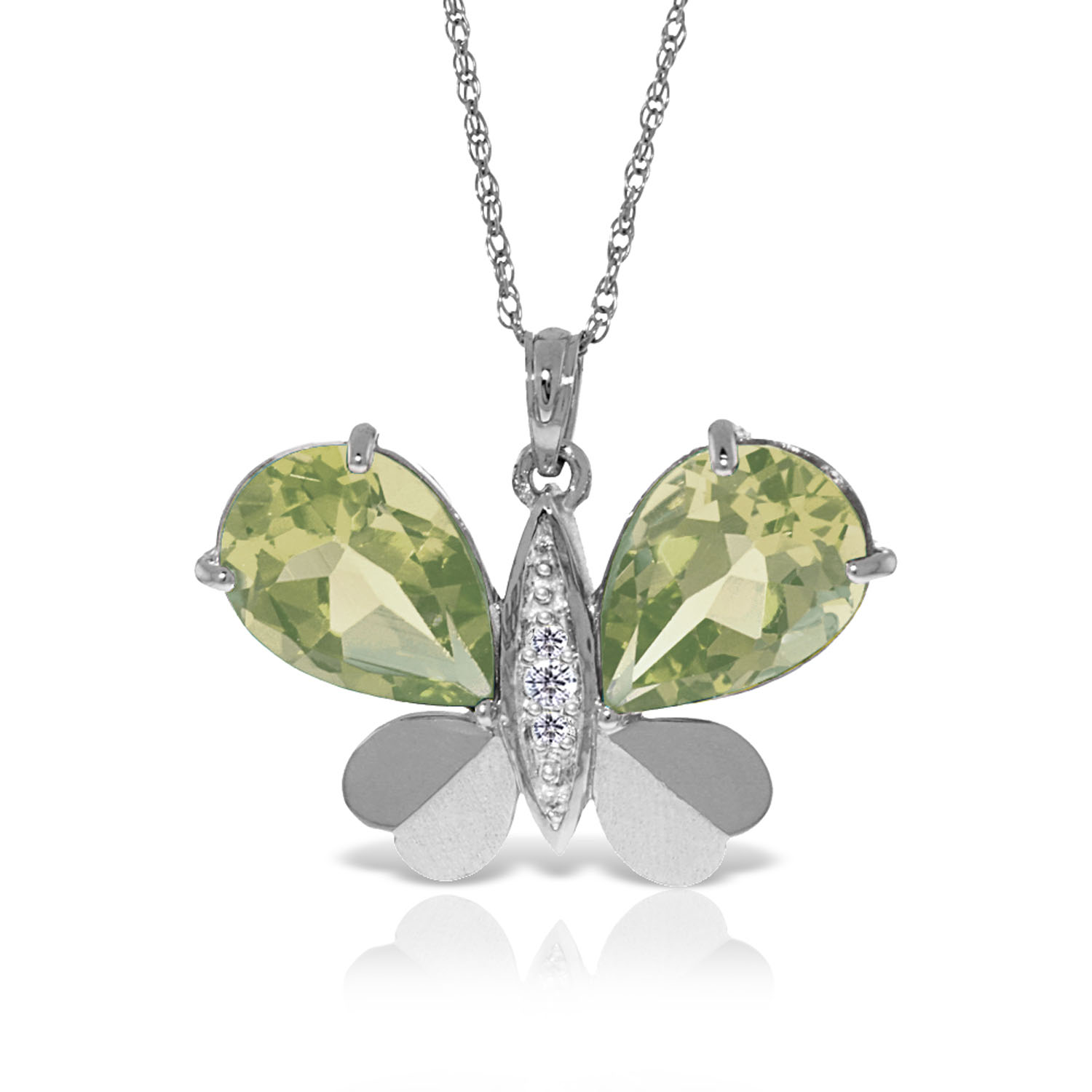 14K Solid White Gold Batterfly Necklace with Natural Diamonds  Green Amethysts