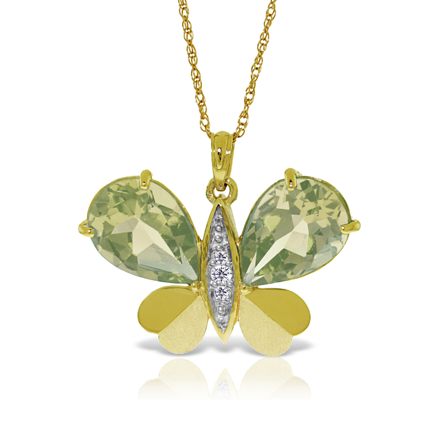 14K Solid Gold Batterfly Necklace with Natural Diamonds Green Amethysts