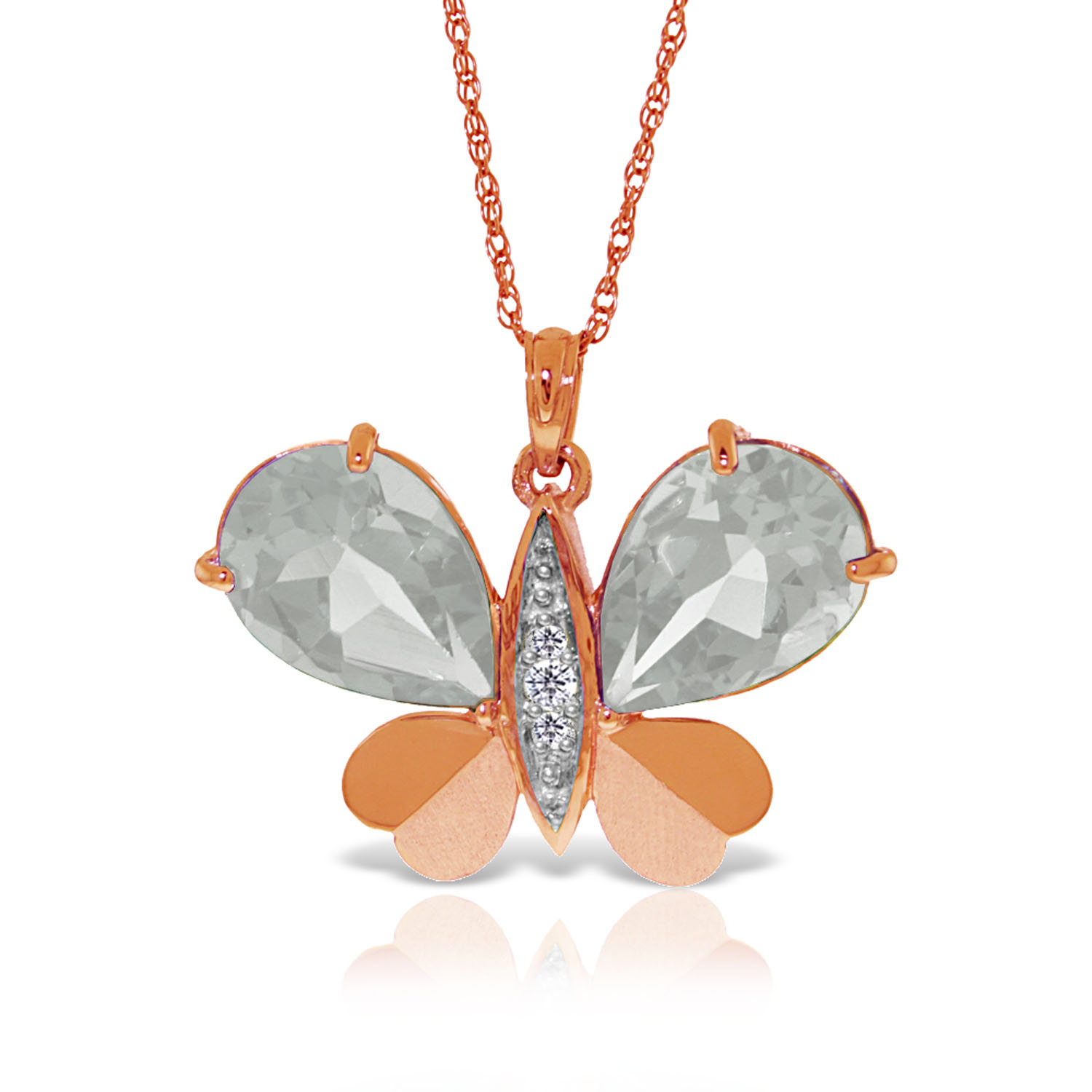 14K Solid Rose Gold Batterfly Necklace with Natural Diamonds  White Topaz