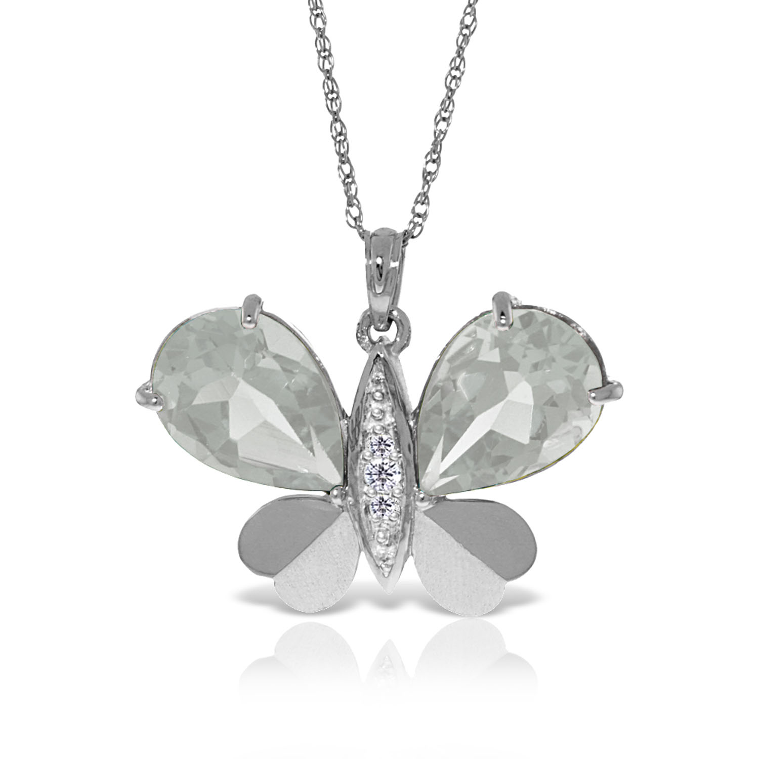 14K Solid White Gold Batterfly Necklace with Natural Diamonds  White Topaz