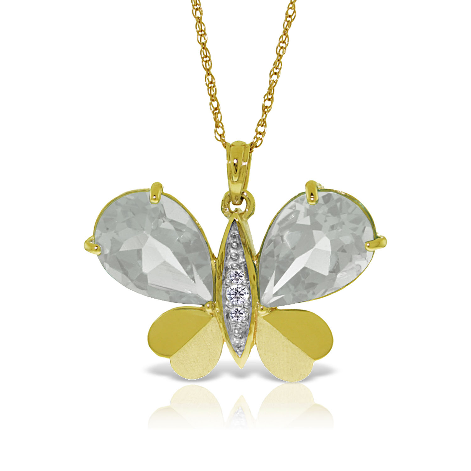 14K Solid Gold Batterfly Necklace with Natural Diamonds  White Topaz