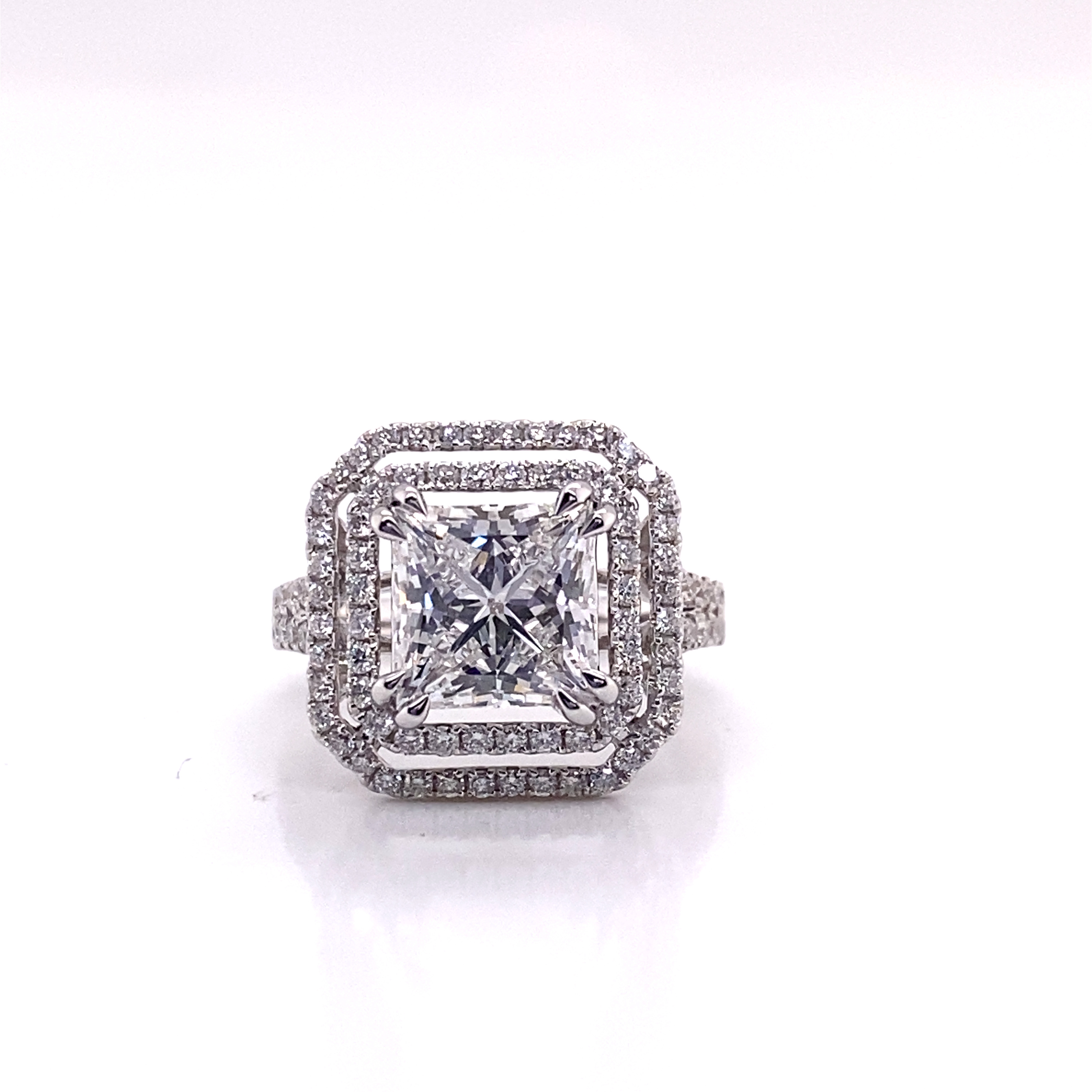 4 Carat Princess Cut Lab Grown Diamond Engagement Ring Double Halo IGI Certified