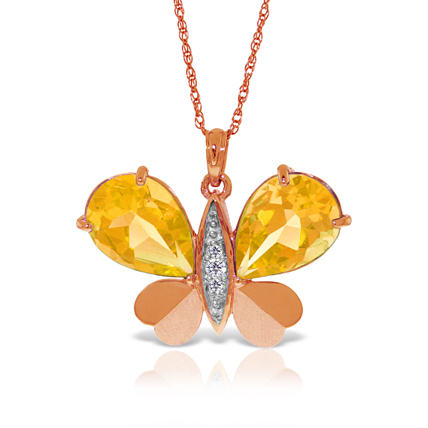 14K Solid Rose Gold Batterfly Necklace withNatural Diamonds  Citrines