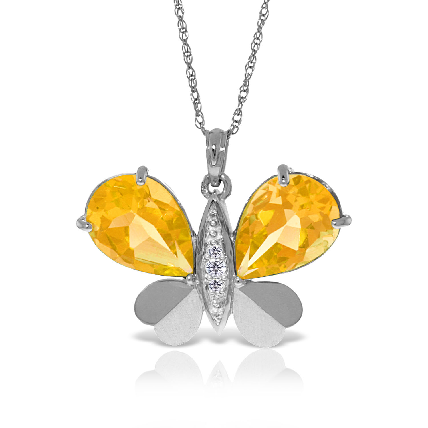 14K Solid White Gold Batterfly Necklace withNatural Diamonds  Citrines