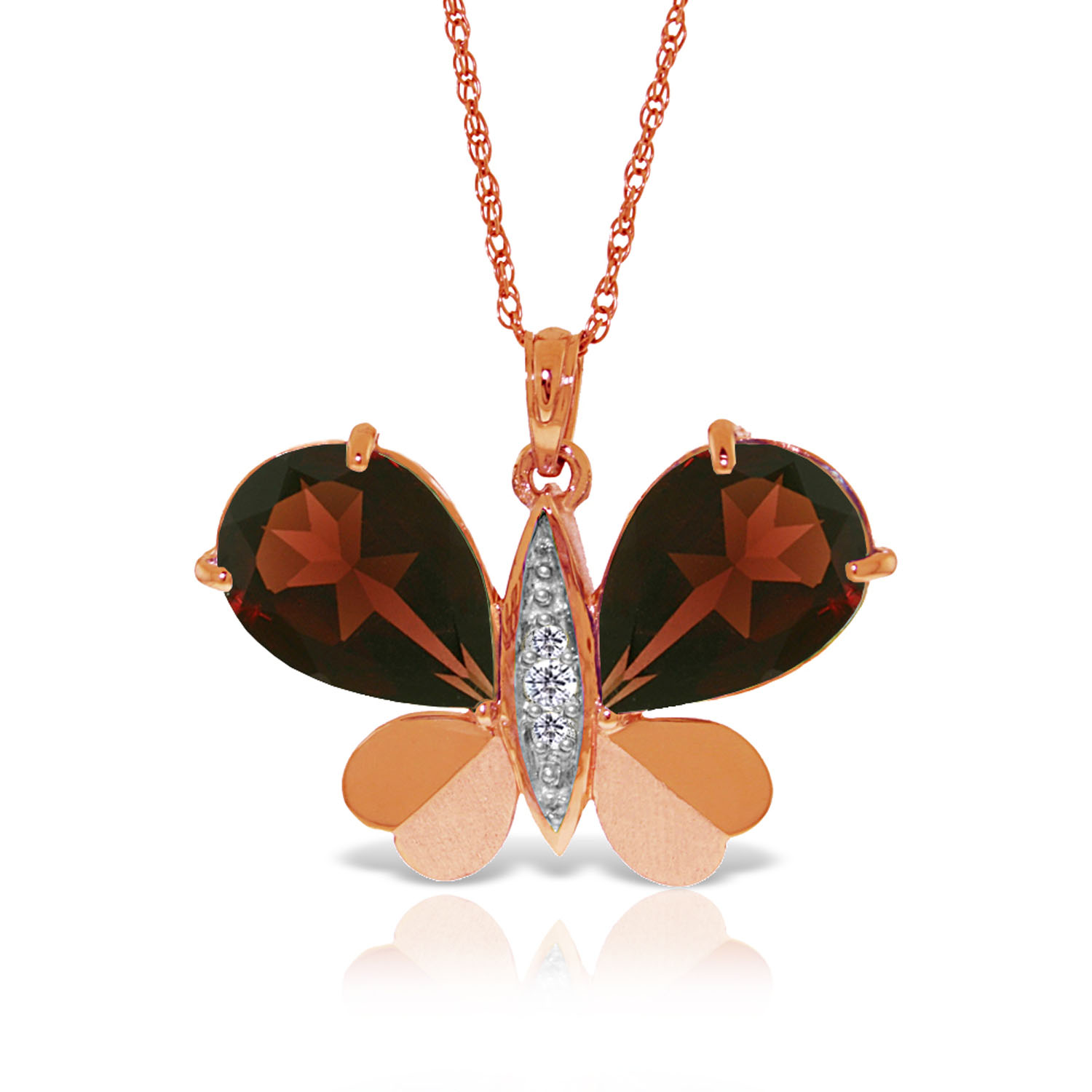 14K Solid Rose Gold Batterfly Necklace withNatural Diamonds  Garnets