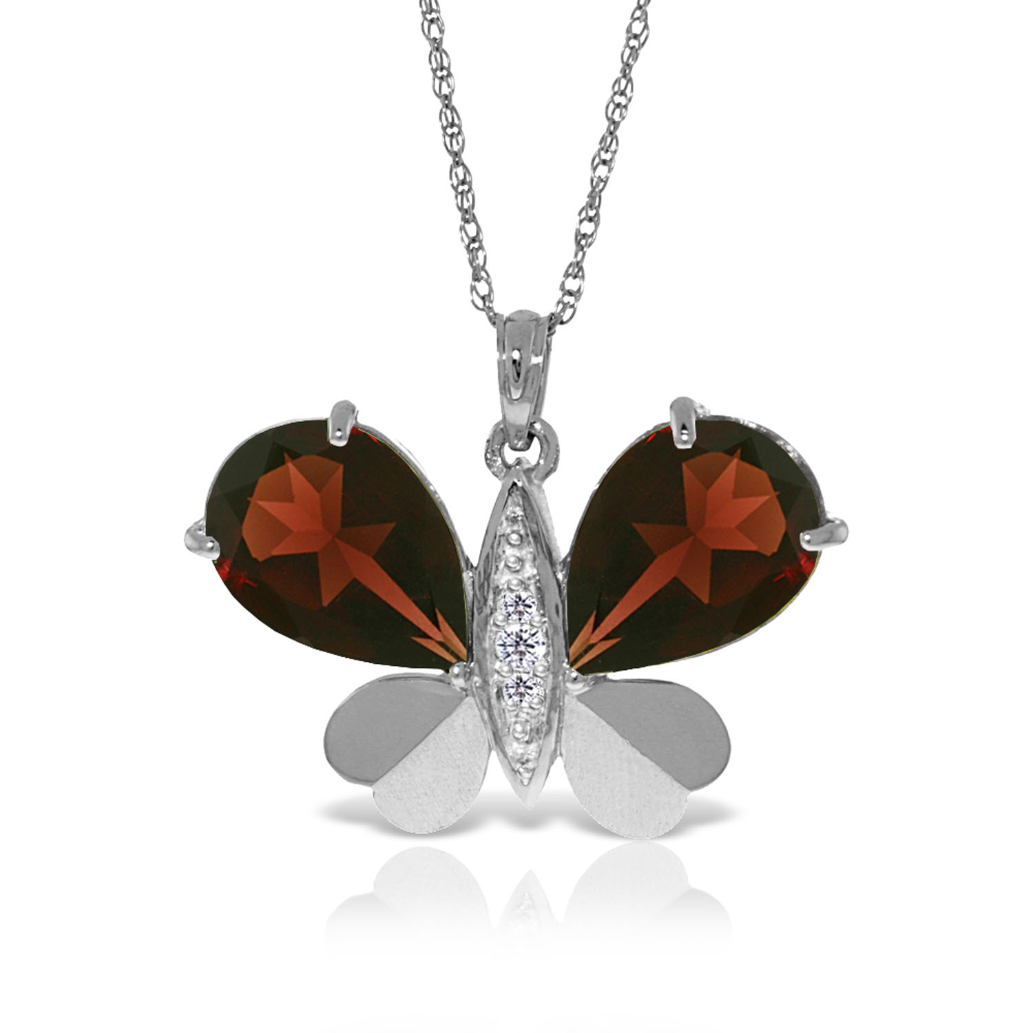 14K Solid White Gold Batterfly Necklace withNatural Diamonds  Garnets