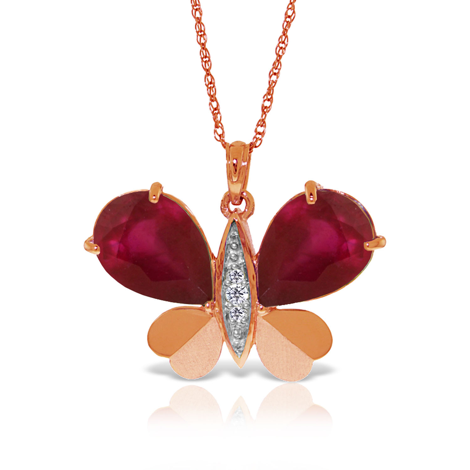 14K Solid Rose Gold Batterfly Necklace withNatural Diamonds  Ruby