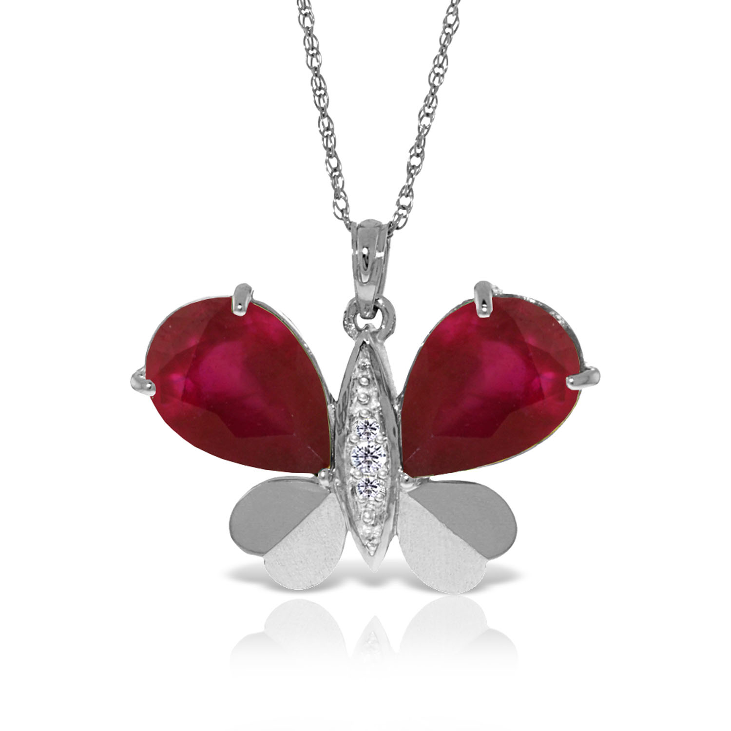 14K Solid White Gold Batterfly Necklace withNatural Diamonds  Ruby
