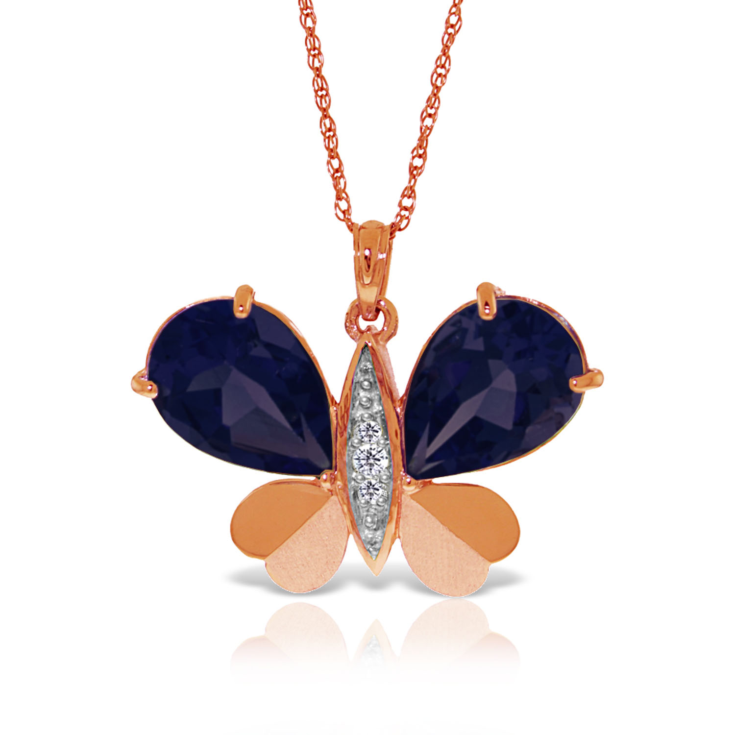 14K Solid Rose Gold Batterfly Necklace with Natural Diamonds  Sapphires