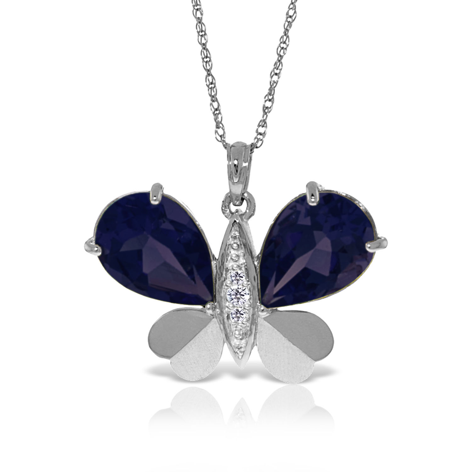 14K Solid White Gold Batterfly Necklace with Natural Diamonds  Sapphires
