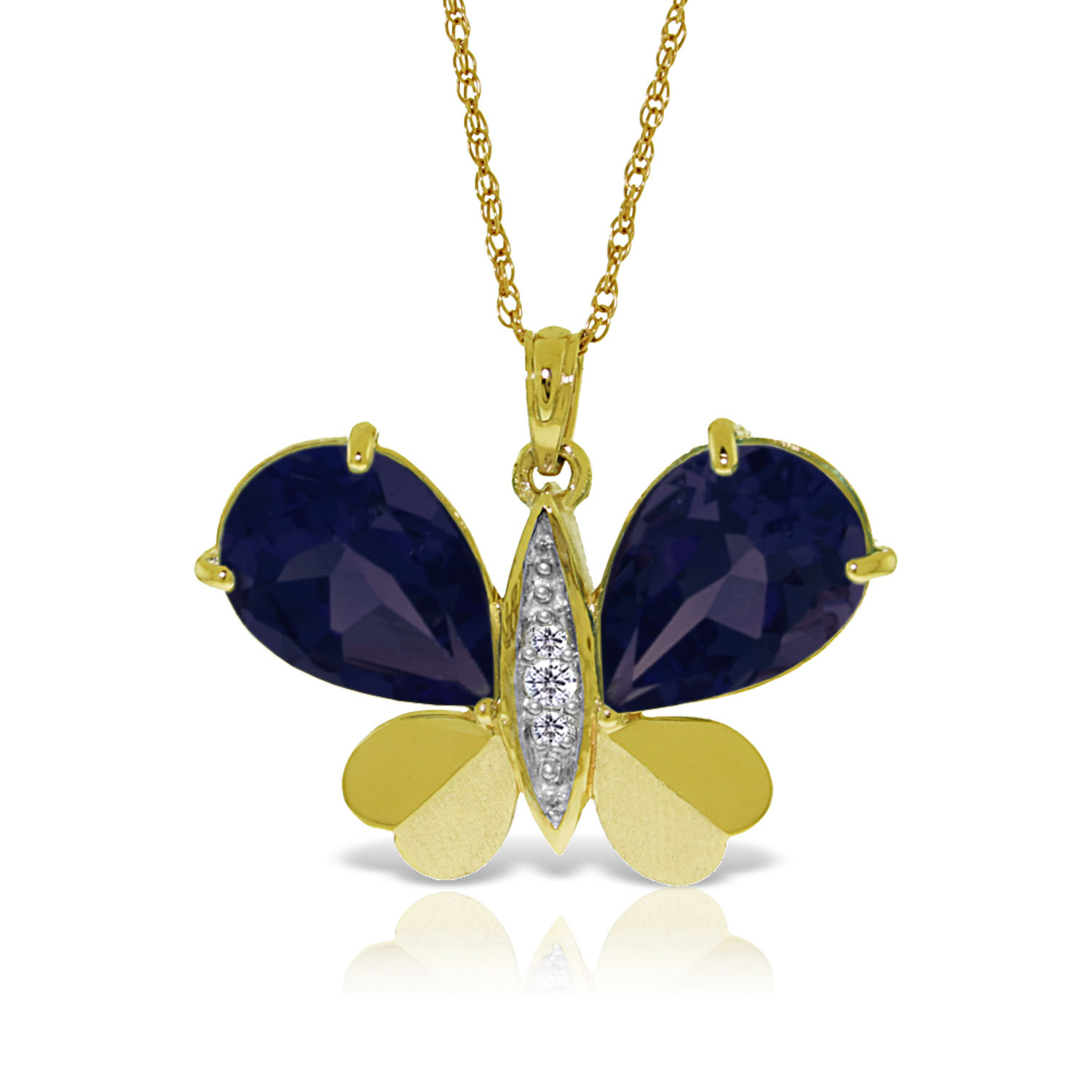 14K Solid Gold Batterfly Necklace with Natural Diamonds  Sapphires