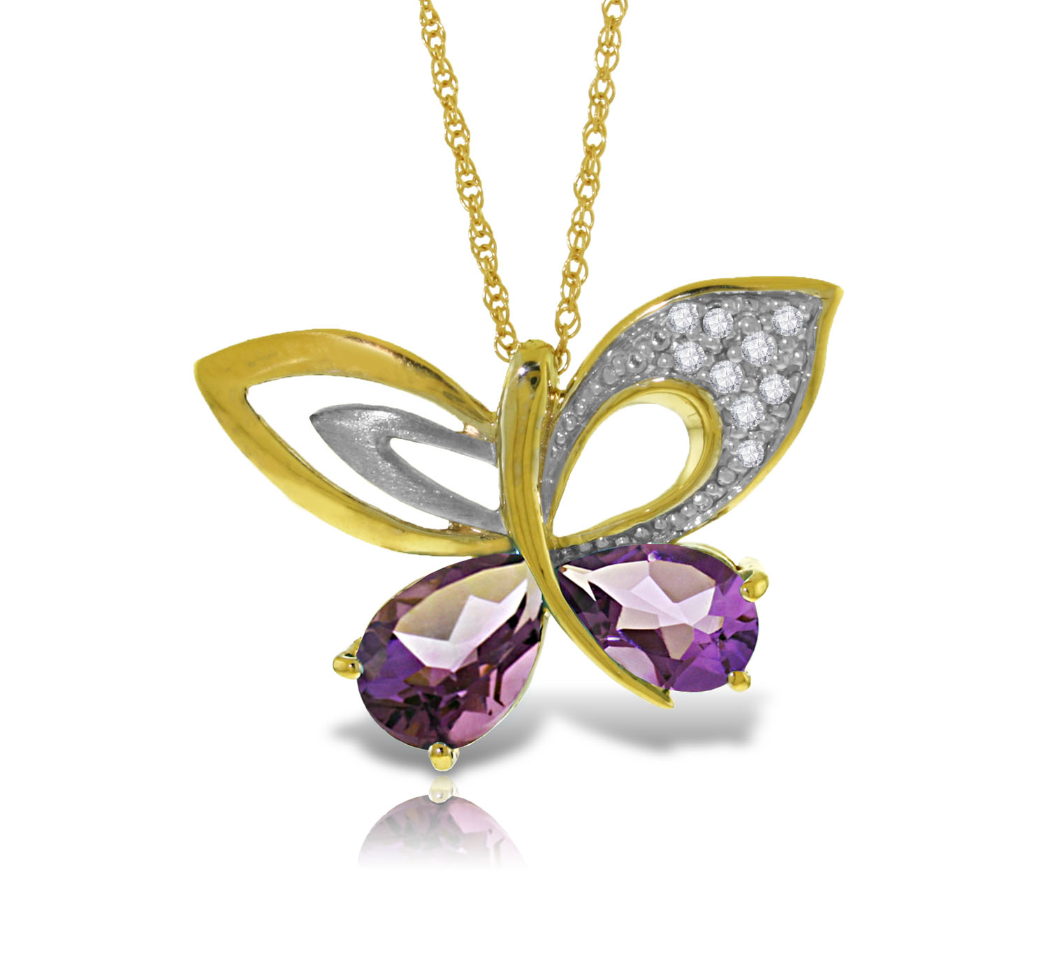 14K Solid Gold Batterfly Necklace with Natural Diamonds Amethysts