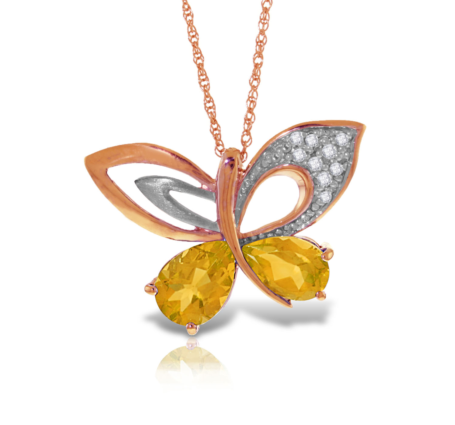 14K Solid Rose Gold Batterfly Necklace withNatural Diamonds  Citrines
