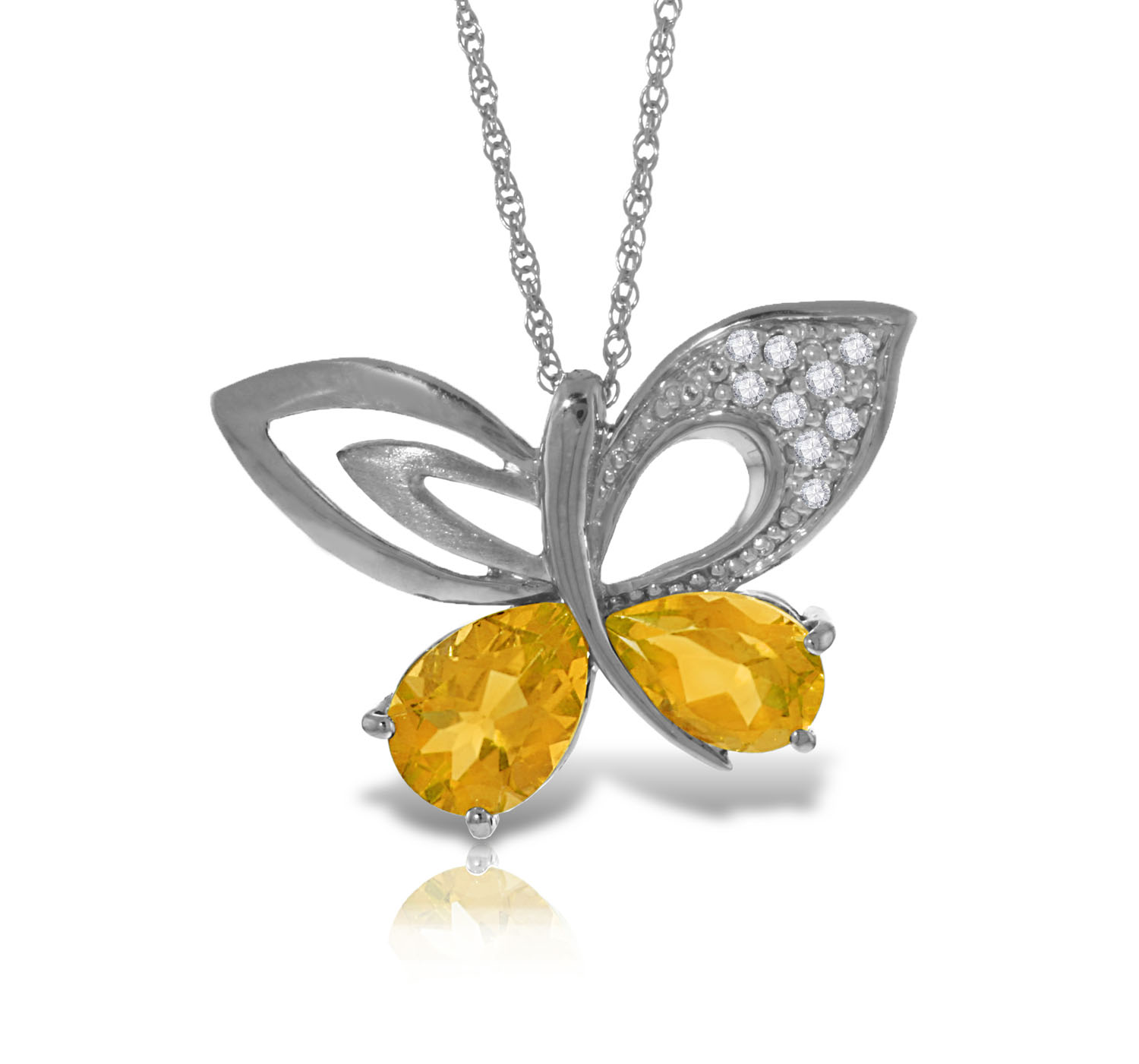 14K Solid White Gold Batterfly Necklace withNatural Diamonds  Citrines