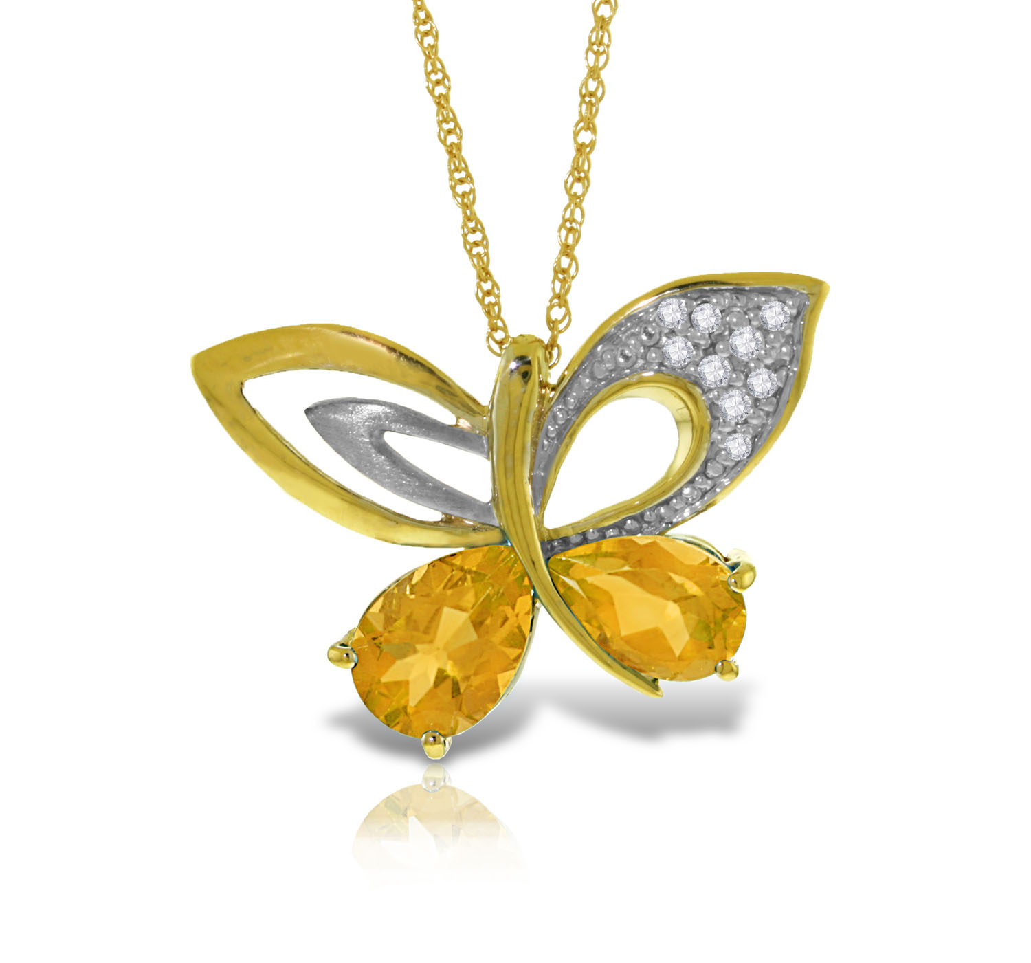 14K Solid Gold Batterfly Necklace withNatural Diamonds  Citrines