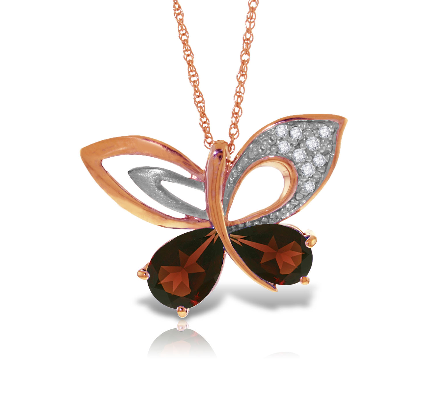 14K Solid Rose Gold Batterfly Necklace withNatural Diamonds  Garnets
