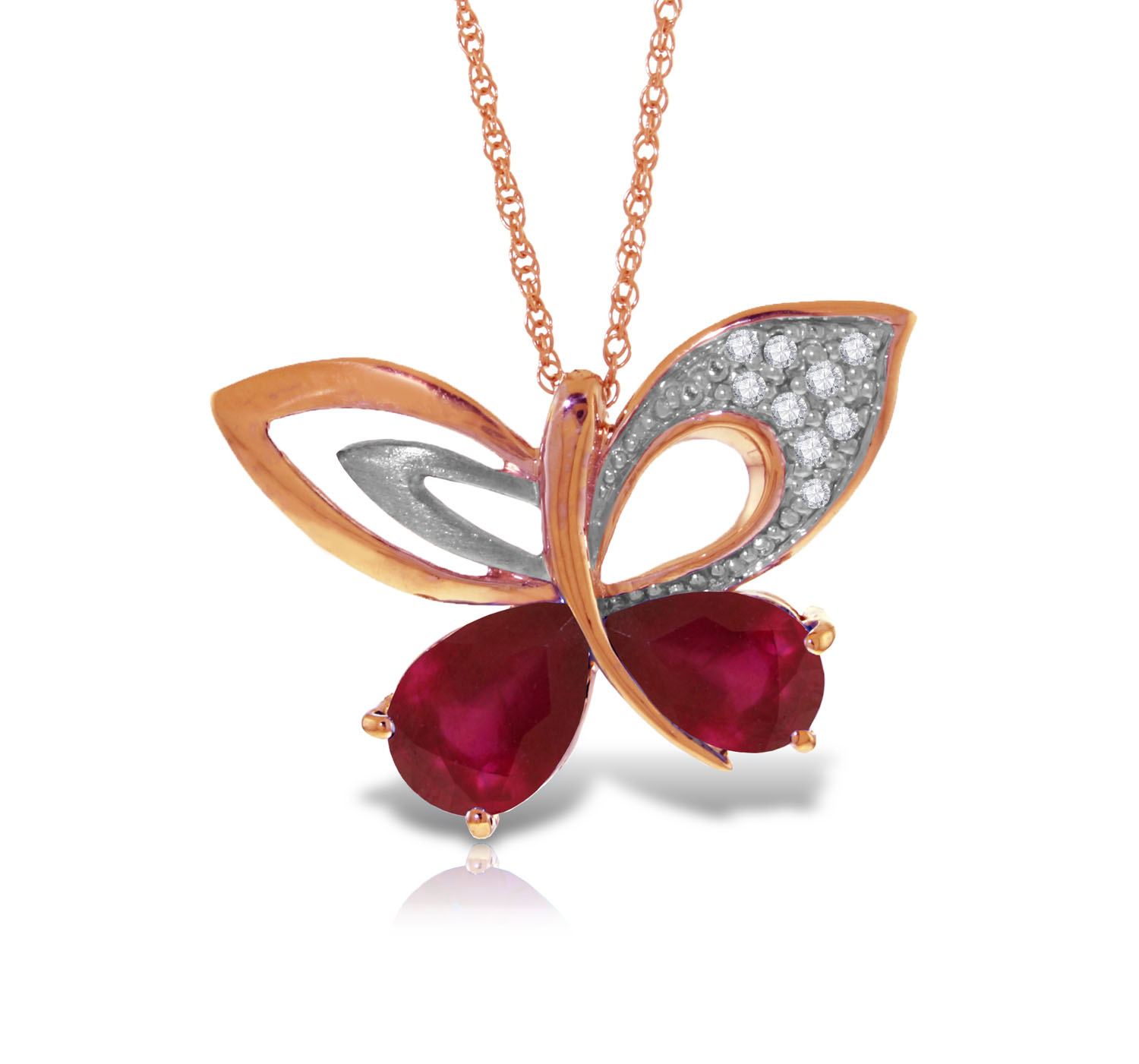 14K Solid Rose Gold Batterfly Necklace withNatural Diamonds  Ruby