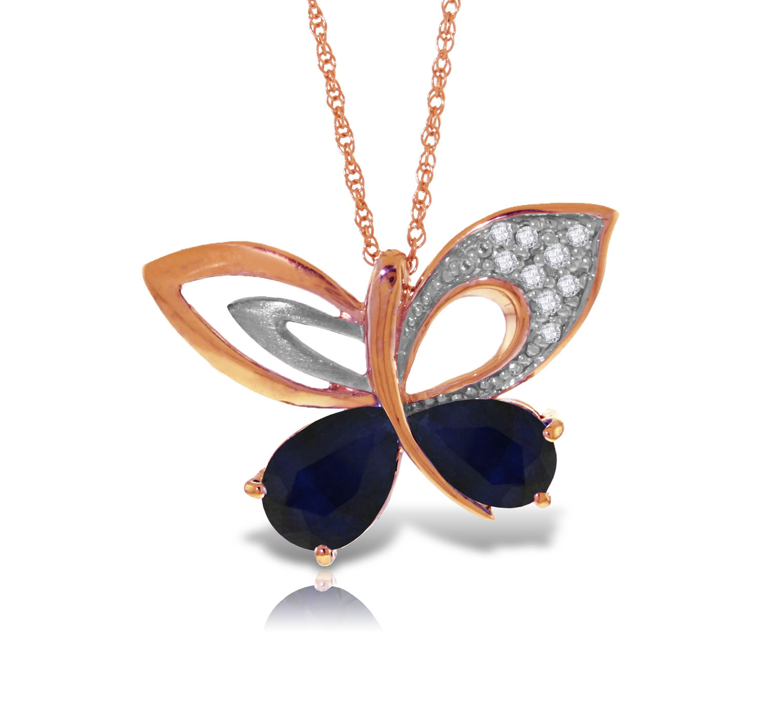 14K Solid Rose Gold Batterfly Necklace with Natural Diamonds  Sapphires