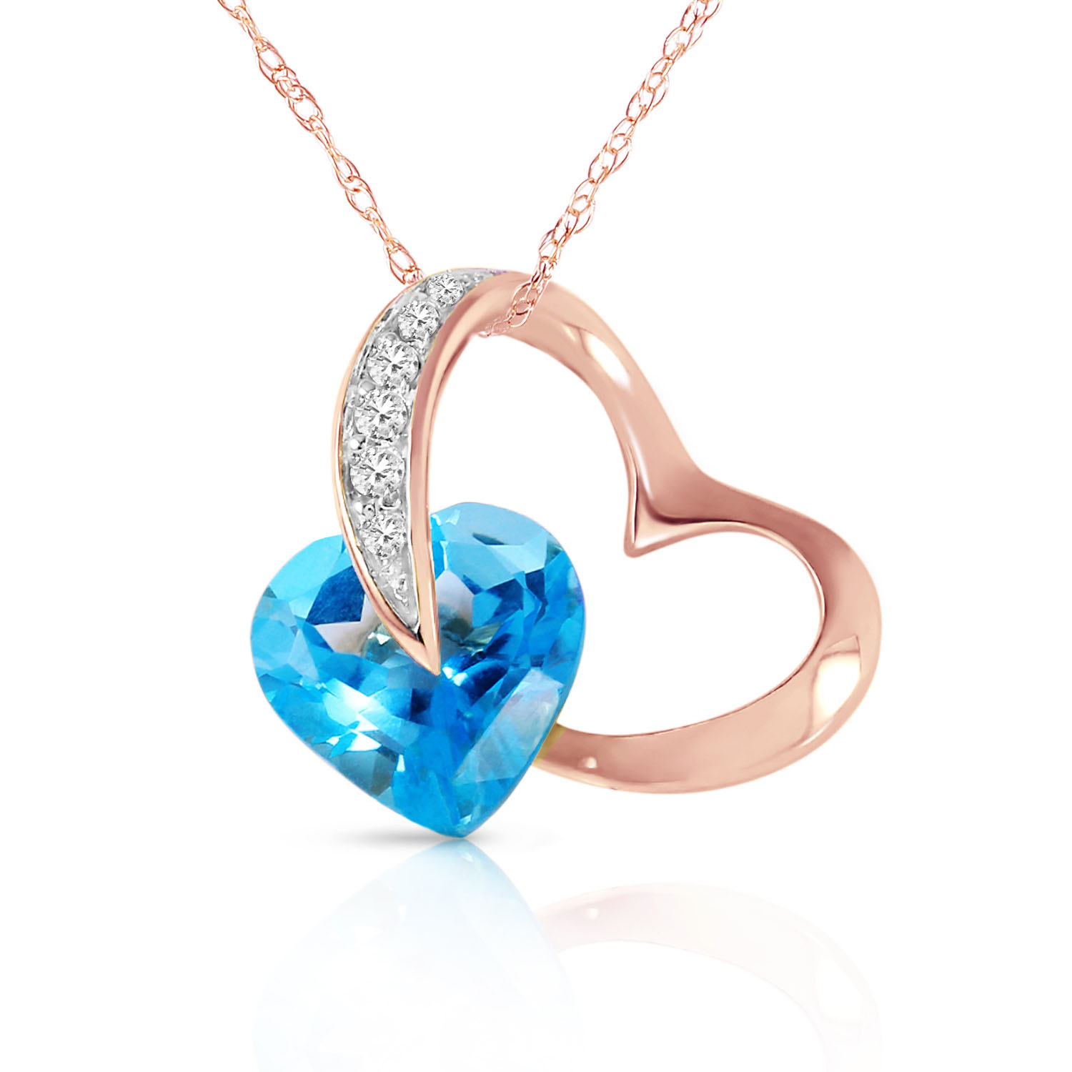 14K Solid Rose Gold Heart Necklace with Natural Diamonds  Blue Topaz