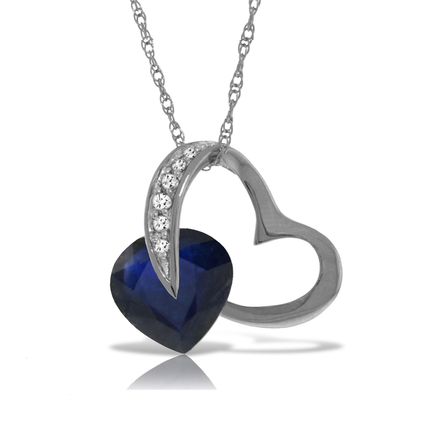 14K Solid White Gold Heart Necklace with Natural Diamond  Sapphire