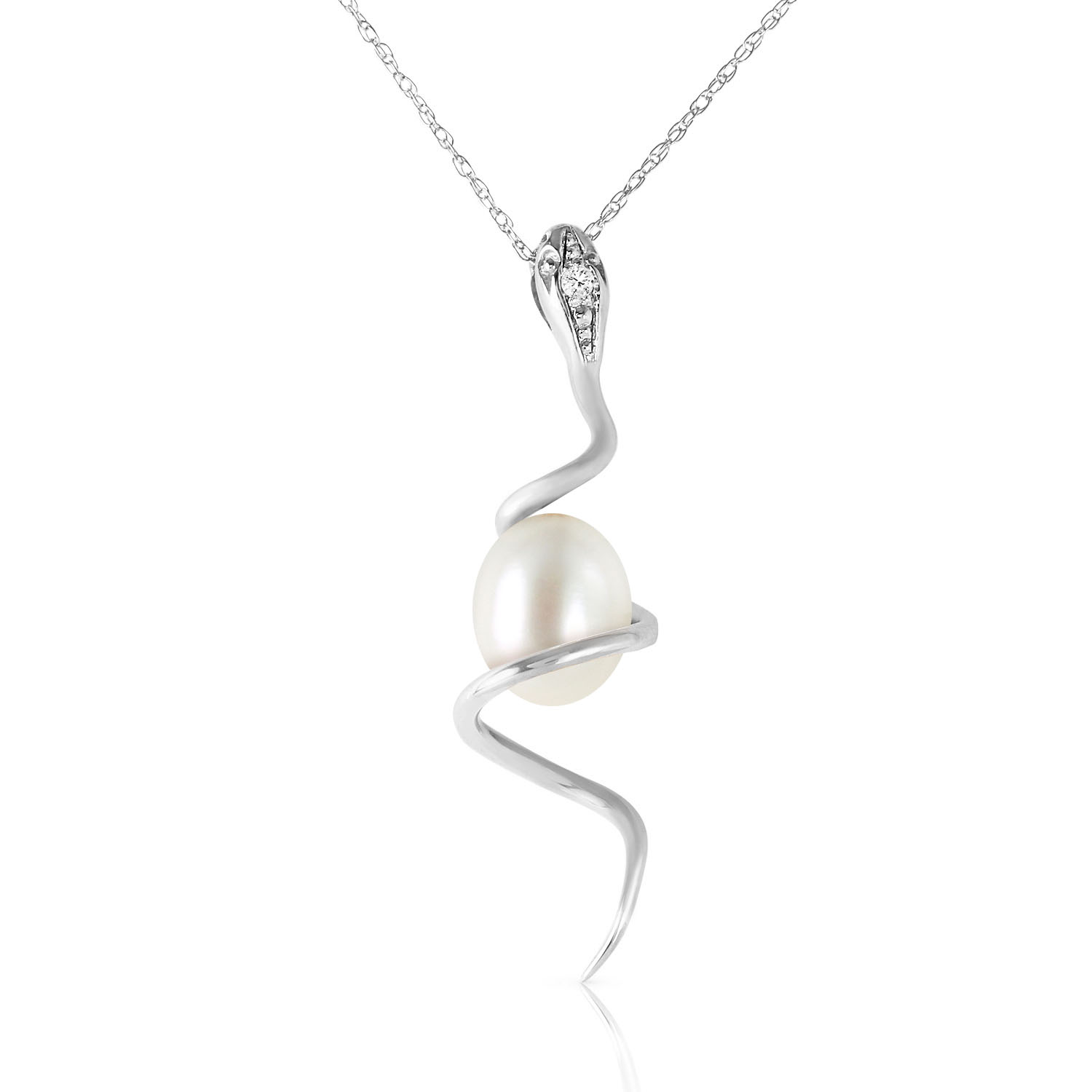 14K Solid White Gold Snake Necklace with Cultured Pearll Shape Natural Cultured Pearl  Diamond