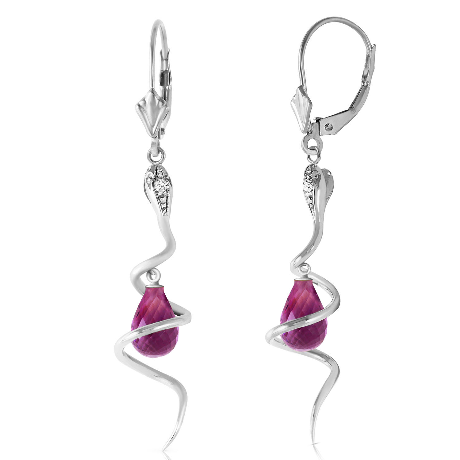 14K Solid White Gold Snake Earrings with Dangling Briolette Amethysts Diamonds