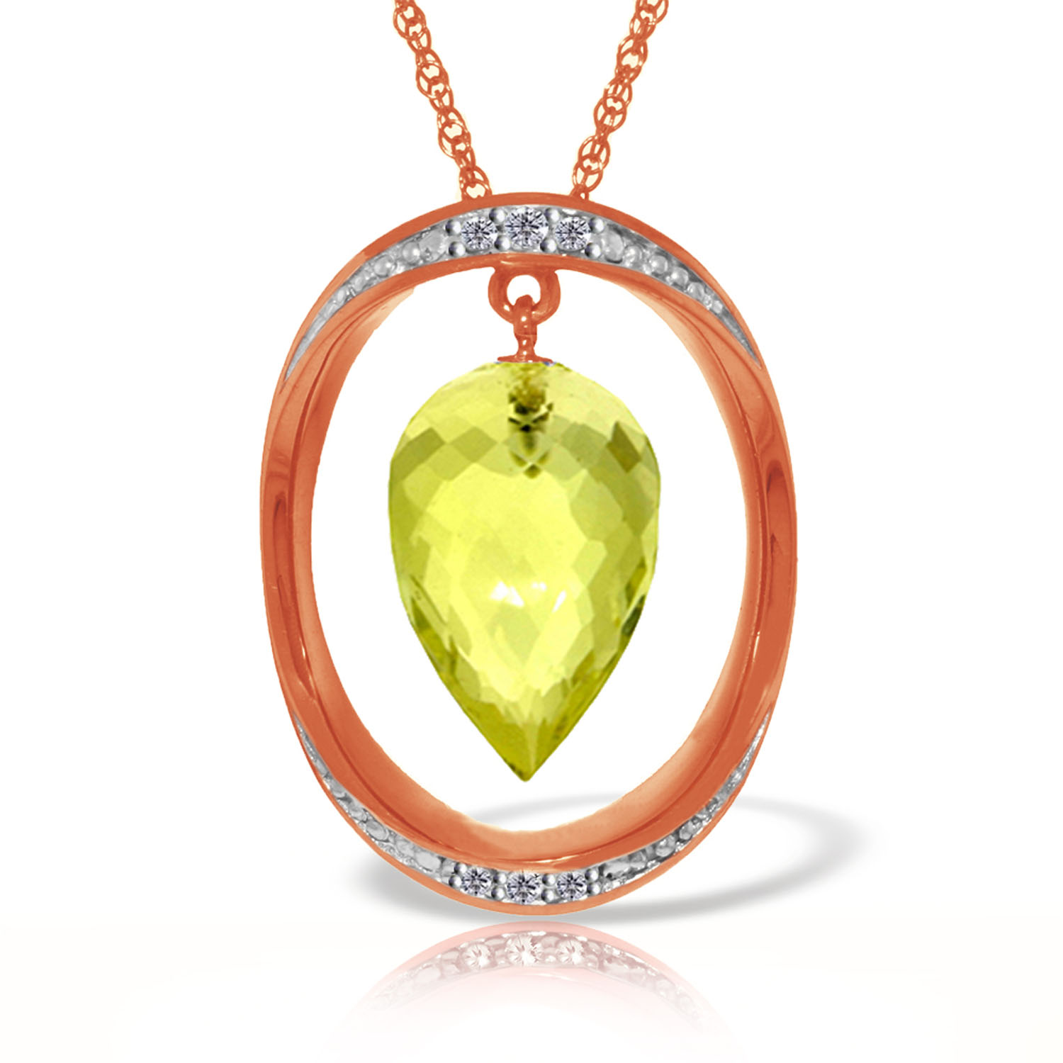 14K Solid Rose Gold Necklace with Diamonds  Briolette Pointy Drop Lemon Quartz