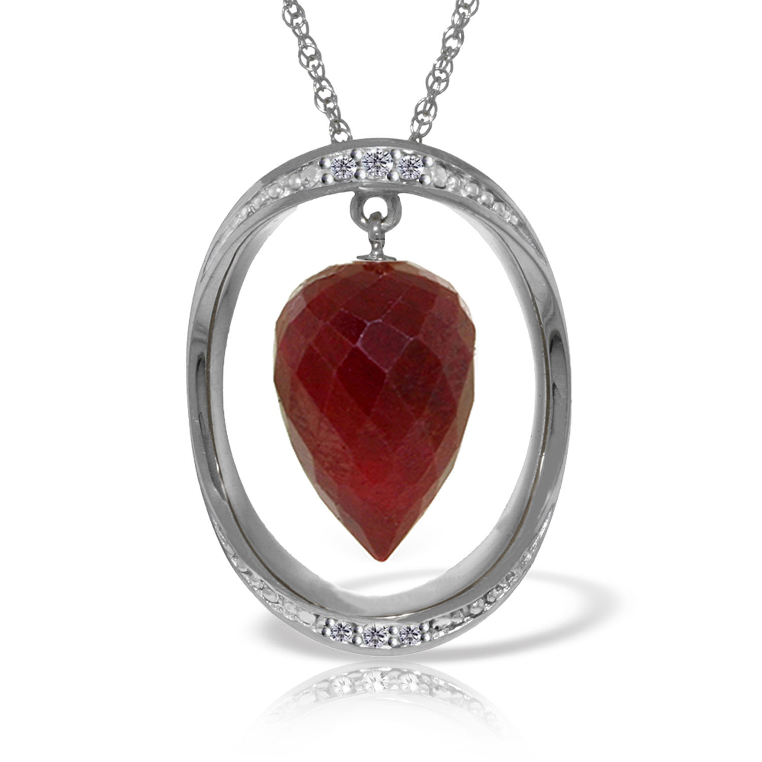 14K Solid White Gold Necklace withDiamonds Briolette Pointy Drop Dyed Ruby