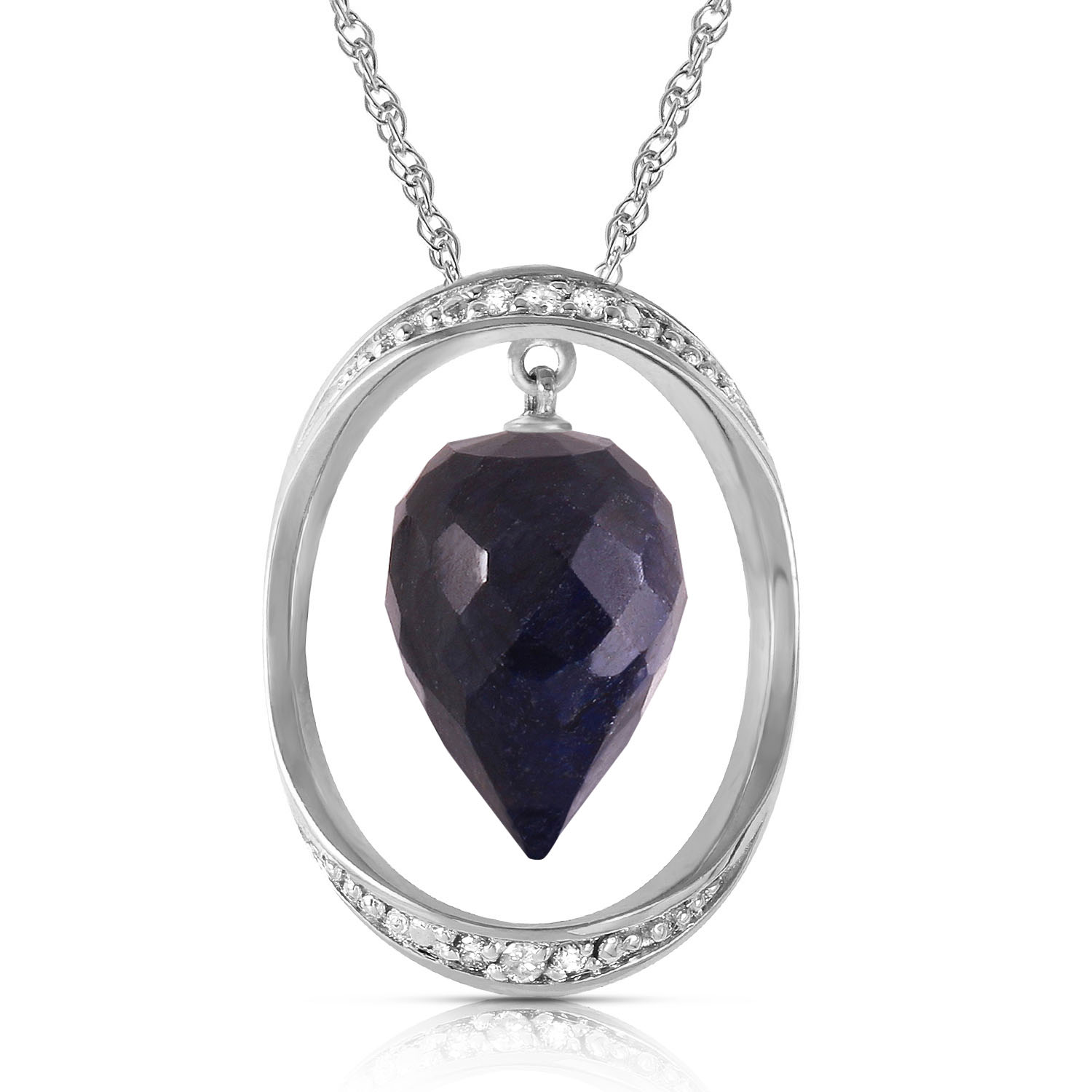 14K Solid White Gold Necklace with Diamonds  Briolette Pointy Drop Dyed Sapphire