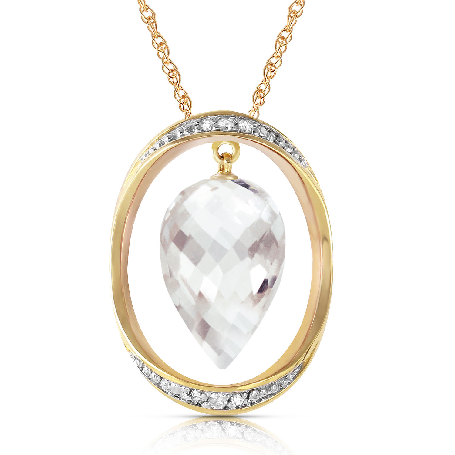 14K Solid Gold Necklace with Diamonds  Briolette Pointy Drop White Topaz