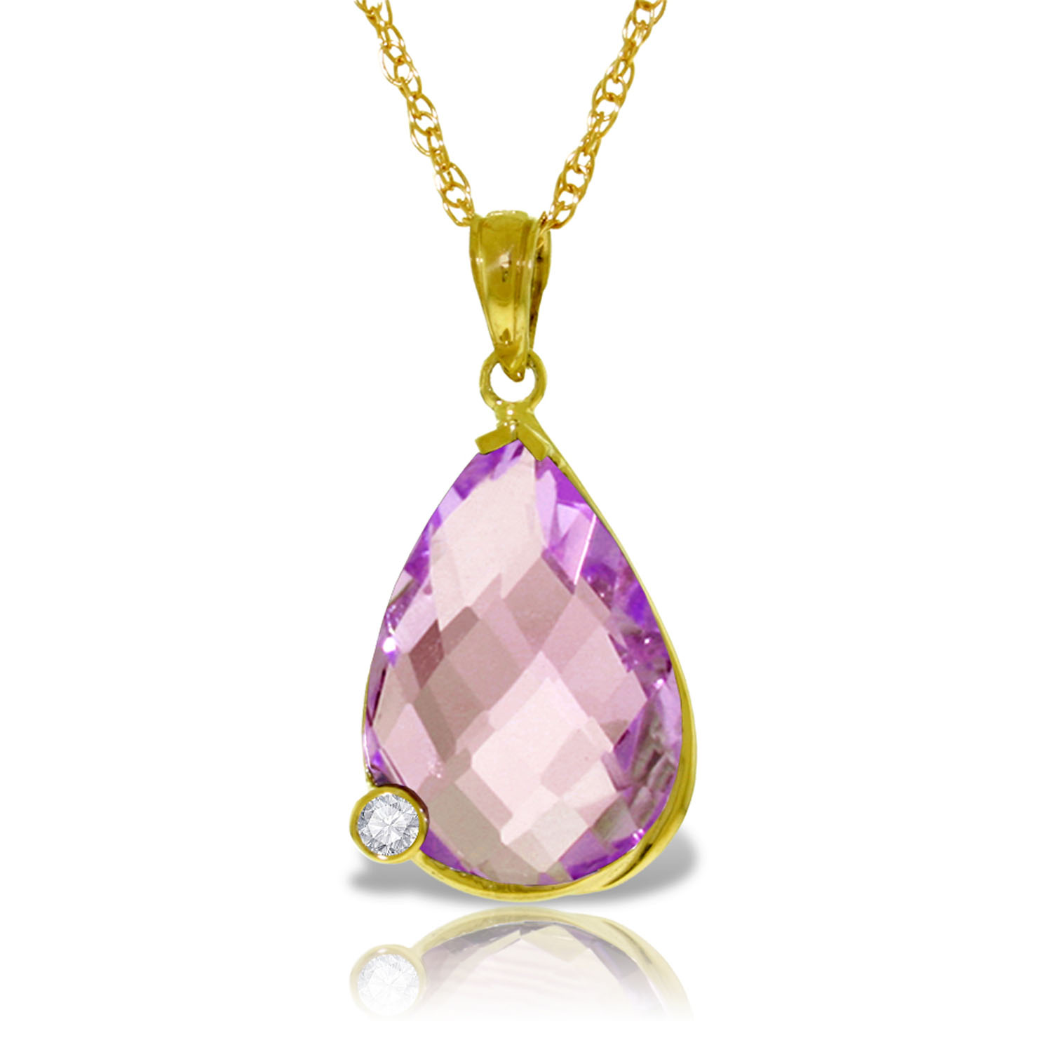 14K Solid Gold Necklace with Briolette Checkerboard Cut Amethyst  Diamond