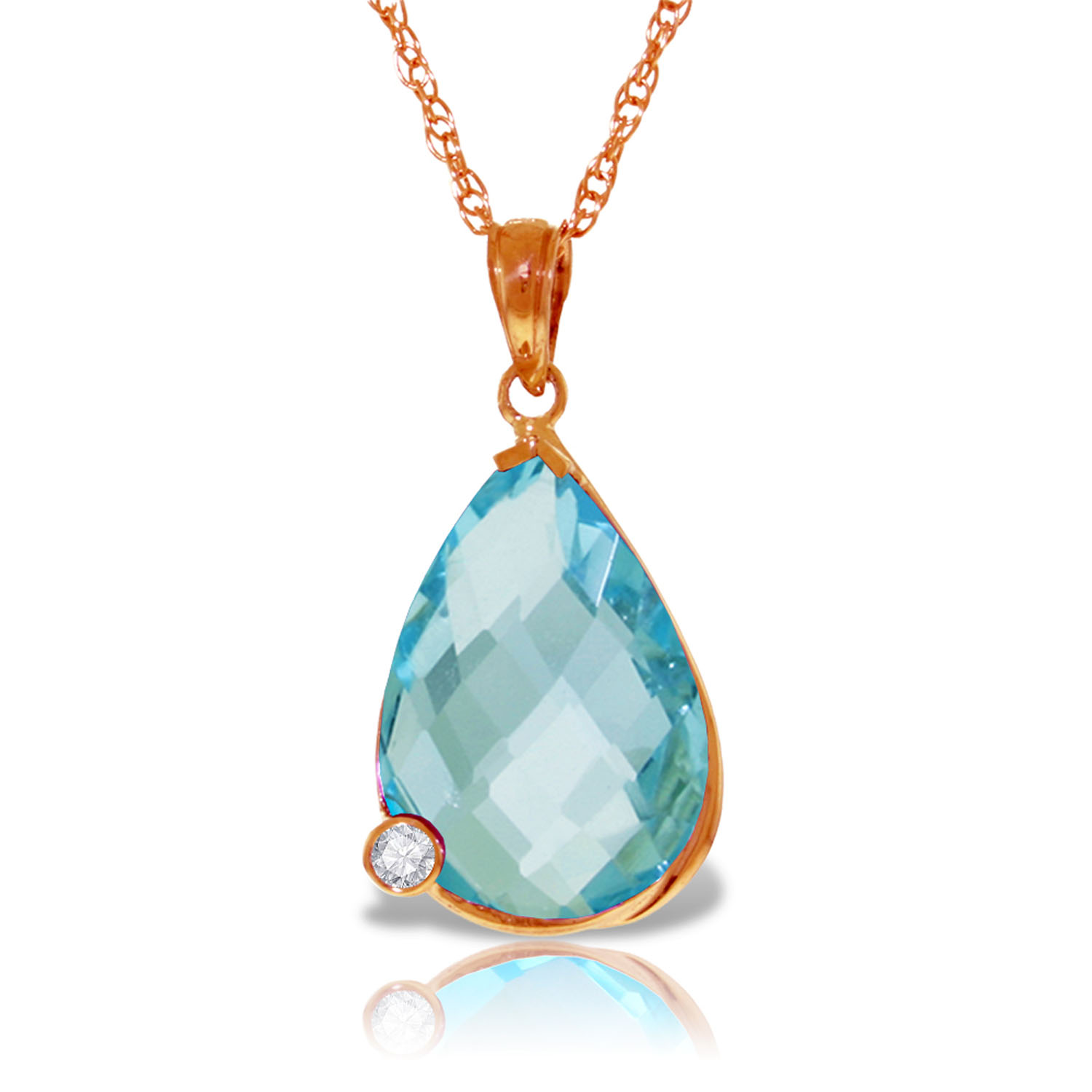 14K Solid Rose Gold Necklace with Briolette Checkerboard Cut Blue Topaz  Diamond