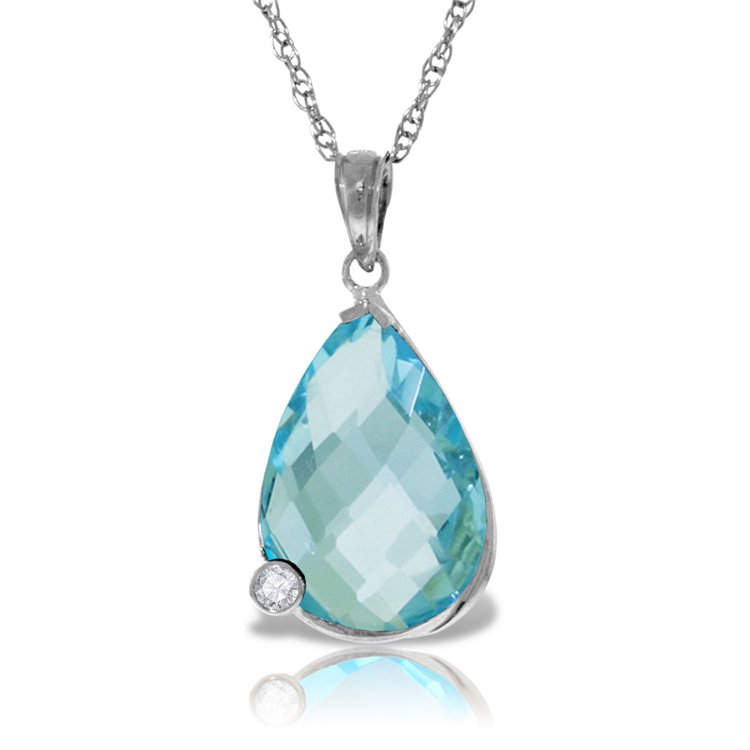 14K Solid White Gold Necklace with Briolette Checkerboard Cut Blue Topaz  Diamond