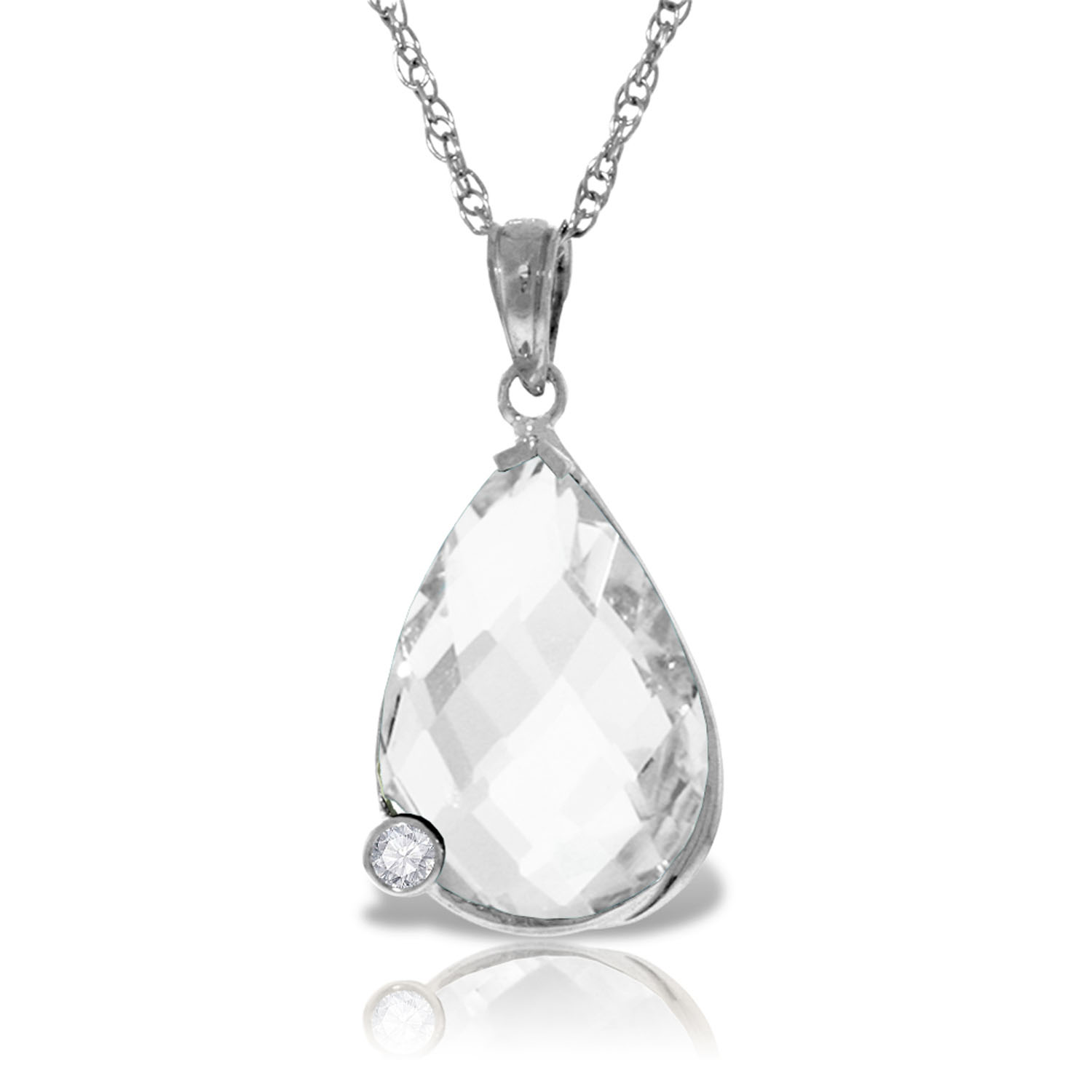 14K Solid White Gold Necklace with Briolette Checkerboard Cut White Topaz  Diamond
