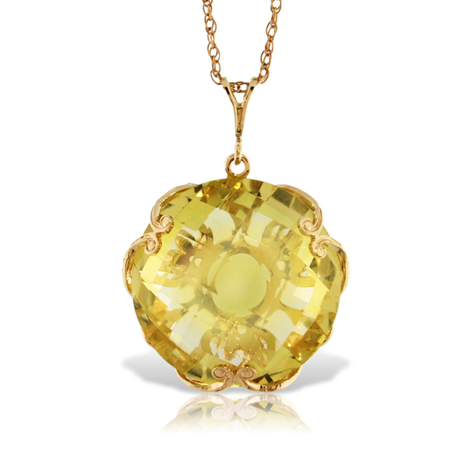 14K Solid Gold Necklace with Checkerboard Cut Round Lemon Quartz