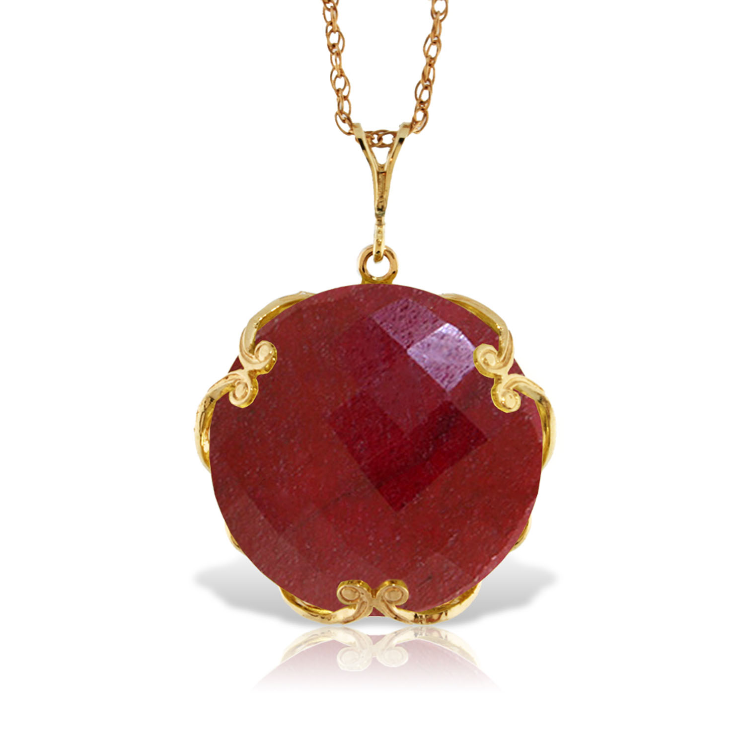 14K Solid Gold Necklace with Checkerboard Cut Round Dyed Ruby