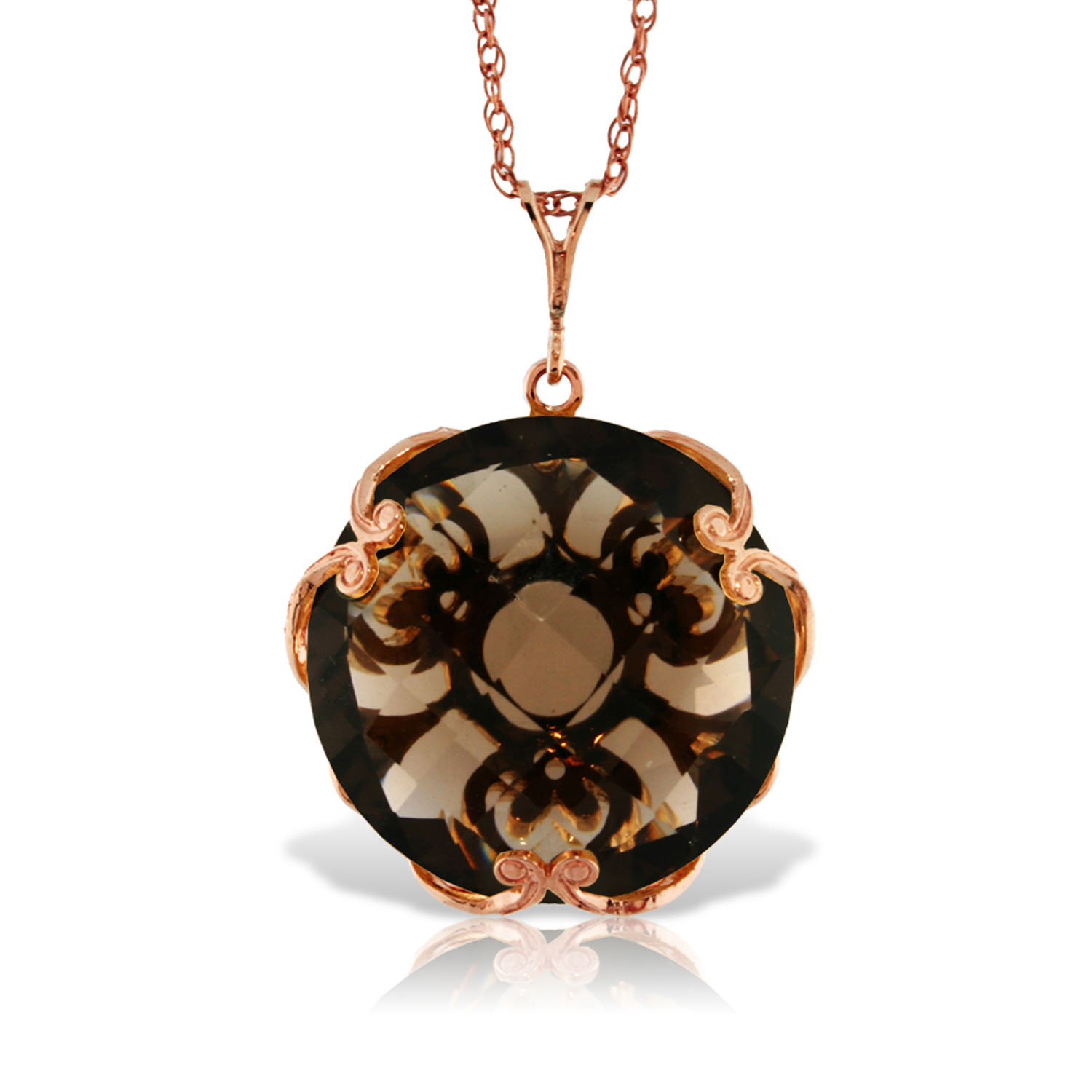 14K Solid Rose Gold Necklace with Checkerboard Cut Round Smoky Quartz